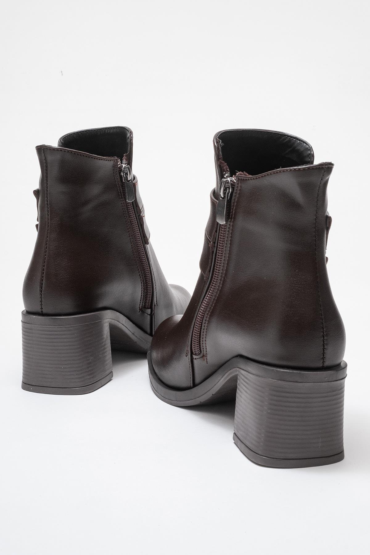 Kadın Çift Kemerli Taşlı Topuklu Bot KAHVE CİLT - Görsel 5