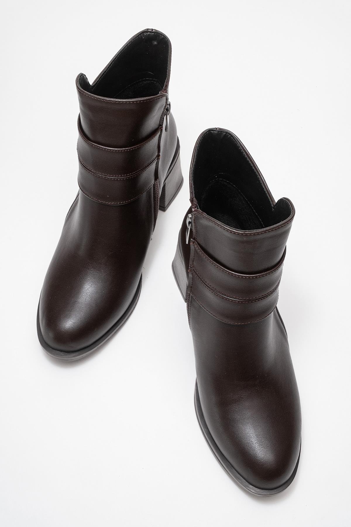 Kadın Çift Kemerli Taşlı Topuklu Bot KAHVE CİLT - Görsel 6