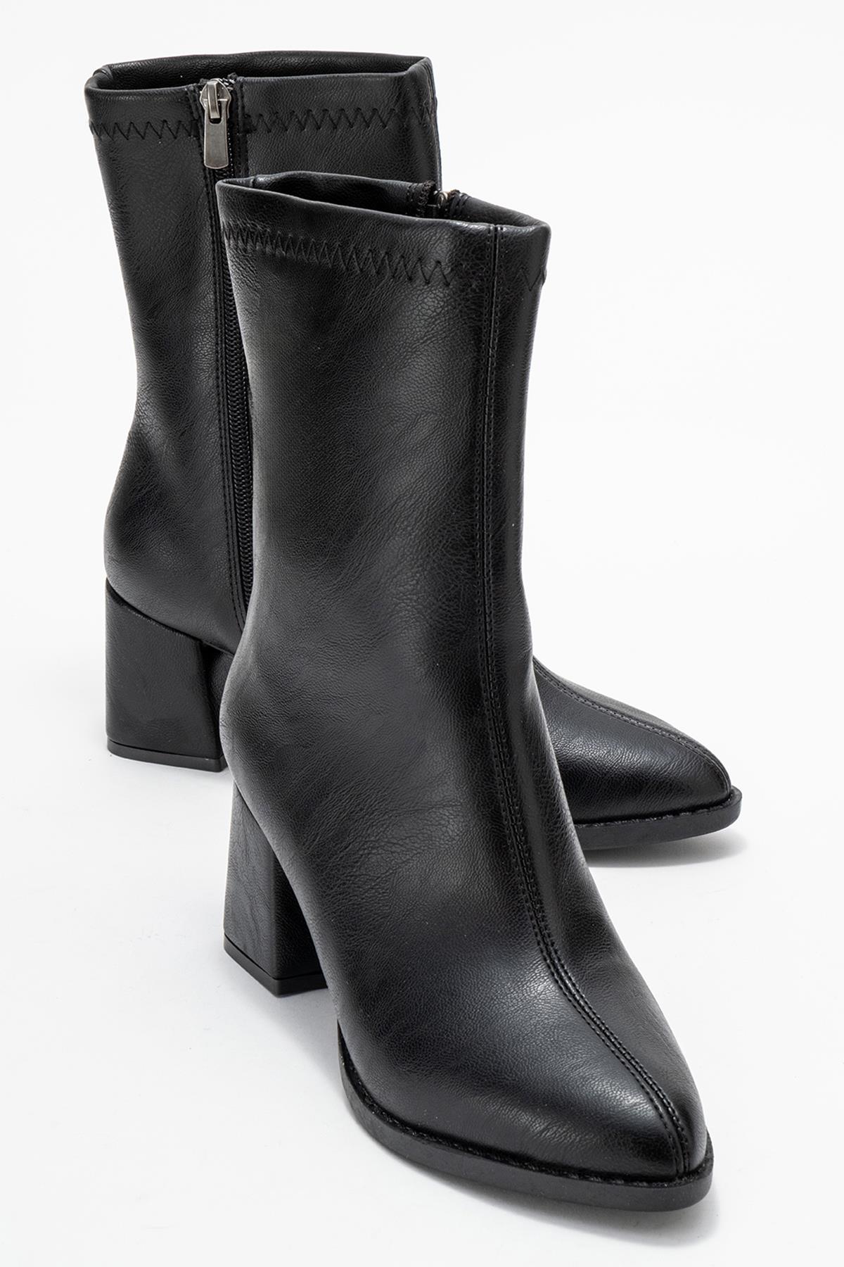 Sade Dikişli Fermuarlı Kadın Topuklu Bot SİYAH CİLT - Görsel 2