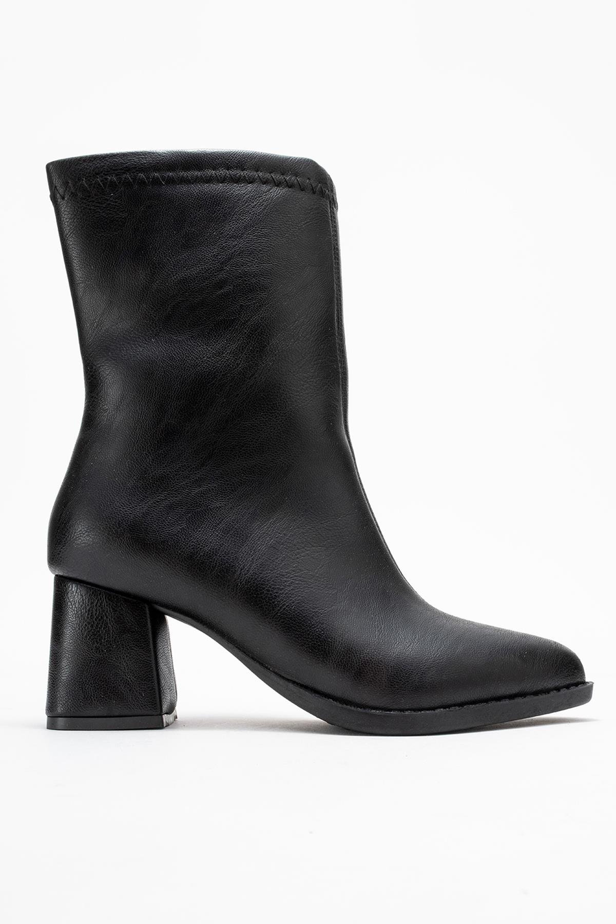Sade Dikişli Fermuarlı Kadın Topuklu Bot SİYAH CİLT - Görsel 3
