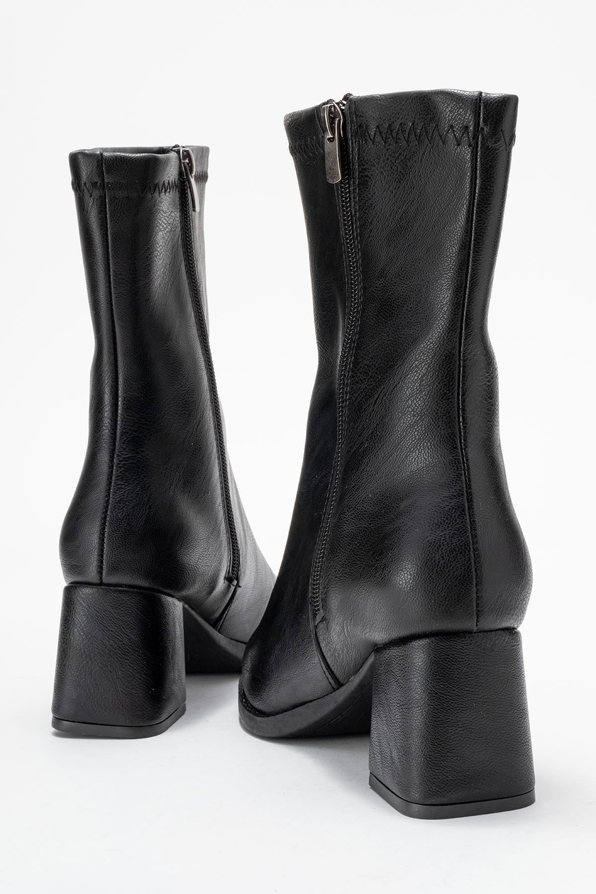 Sade Dikişli Fermuarlı Kadın Topuklu Bot SİYAH CİLT - Görsel 5