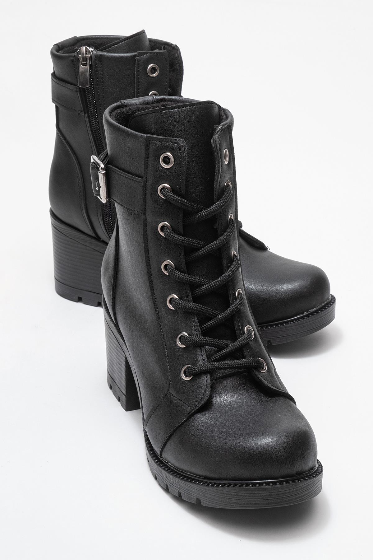 Kadın Tokalı Bağcıklı Topuklu Bot SİYAH CİLT - Görsel 2