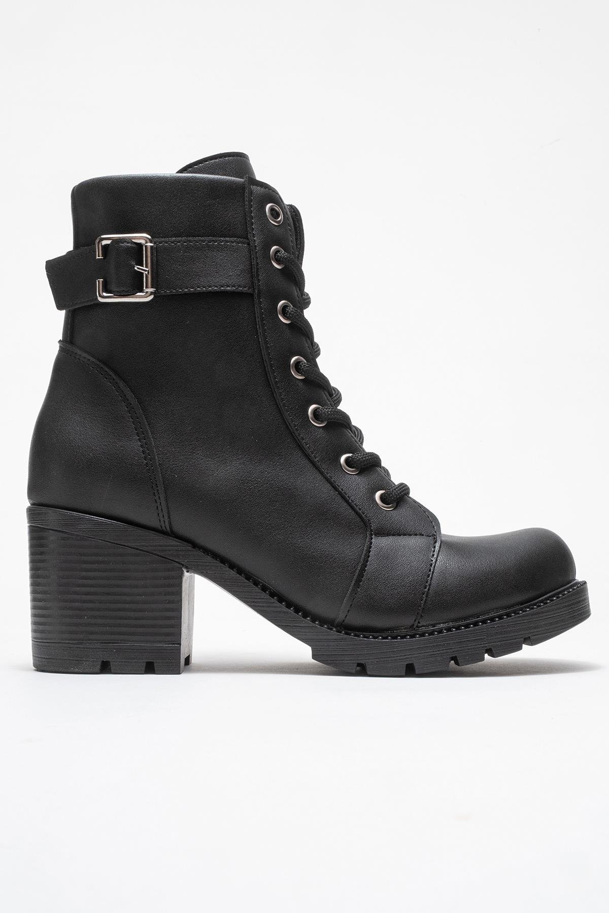 Kadın Tokalı Bağcıklı Topuklu Bot SİYAH CİLT - Görsel 3