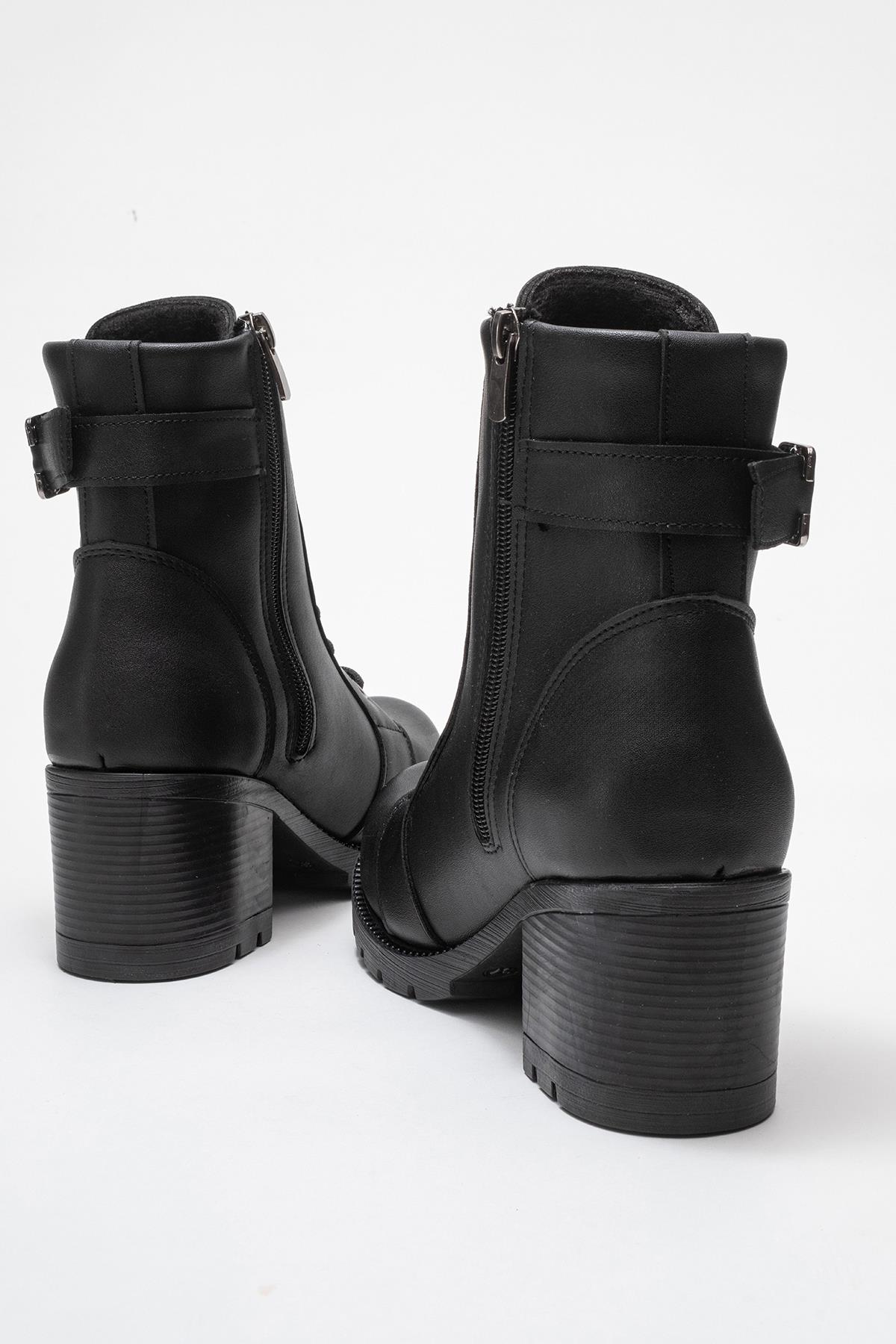 Kadın Tokalı Bağcıklı Topuklu Bot SİYAH CİLT - Görsel 5