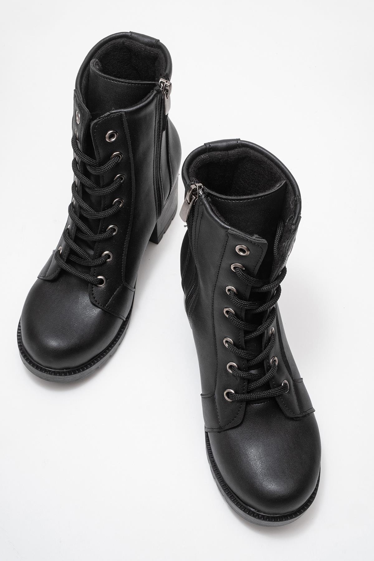 Kadın Tokalı Bağcıklı Topuklu Bot SİYAH CİLT - Görsel 6