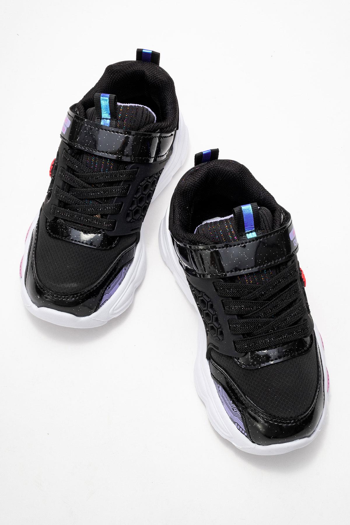 Bağcıklı Cırtlı Çocuk Spor Ayakkabı; SİYAH LİLA BEYAZ - Görsel 8