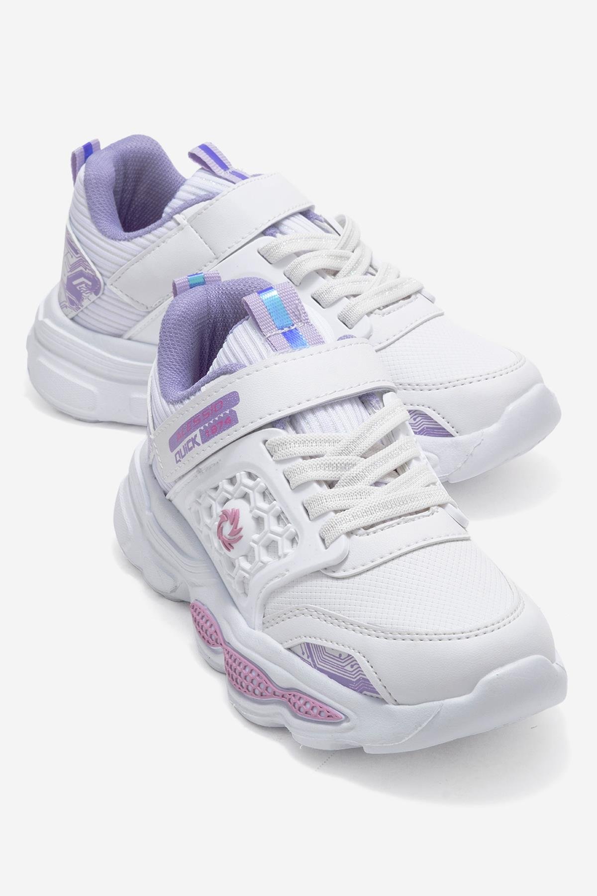 Bağcıklı Cırtlı Çocuk Spor Ayakkabı; BEYAZ LİLA - Görsel 2