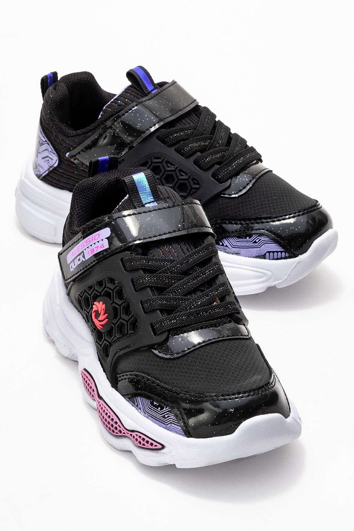 Bağcıklı Cırtlı Çocuk Spor Ayakkabı; SİYAH LİLA BEYAZ - Görsel 2