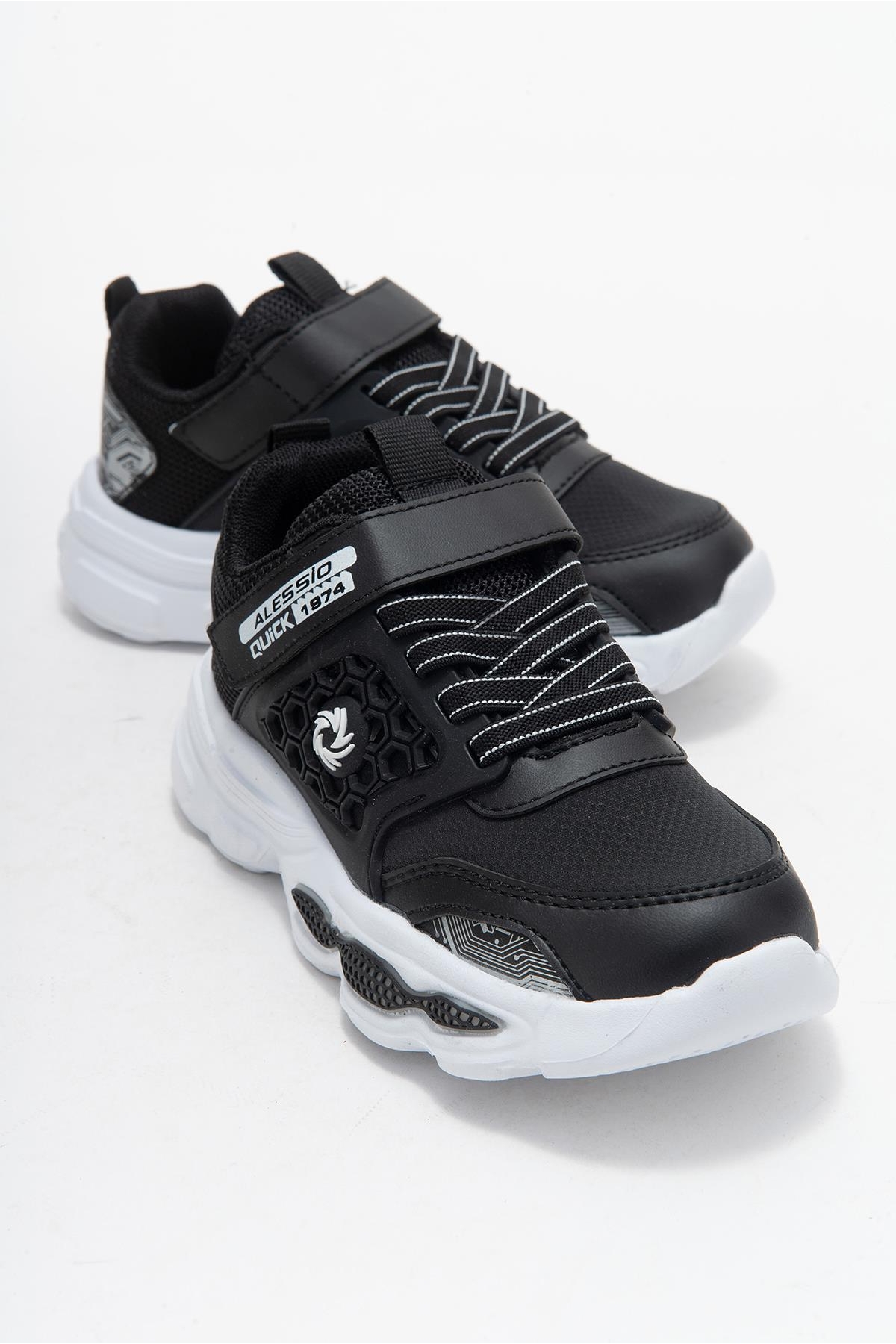 Bağcıklı Cırtlı Çocuk Spor Ayakkabı; SİYAH BEYAZ - Görsel 2