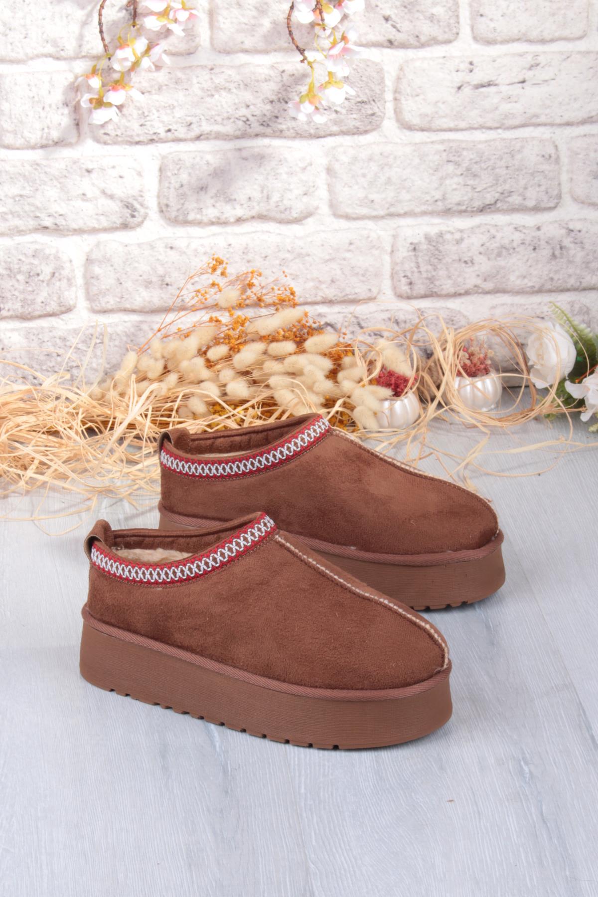 1191 İçi Kürklü Kalın Taban Önü Kapalı Kışlık Kadın Terlik - Görsel 5