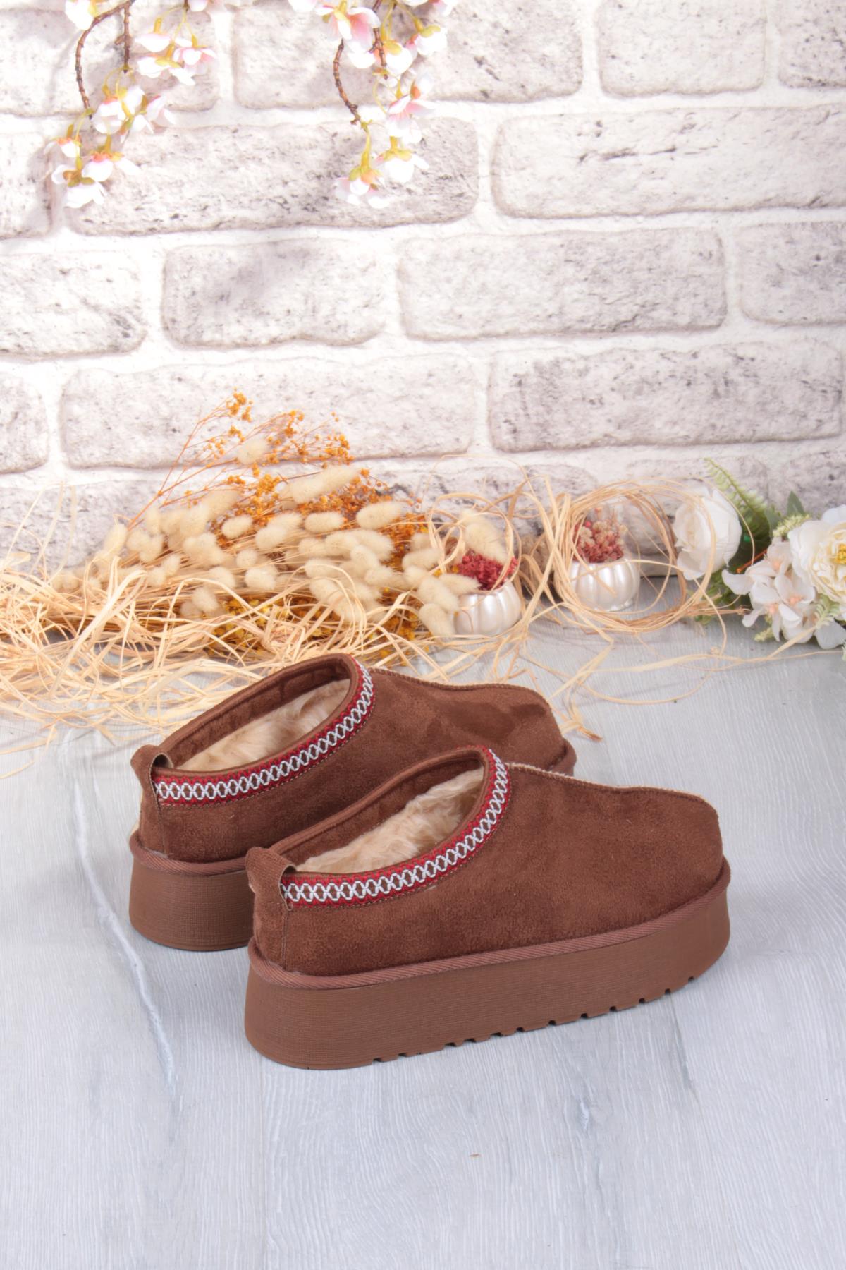 1191 İçi Kürklü Kalın Taban Önü Kapalı Kışlık Kadın Terlik - Görsel 7