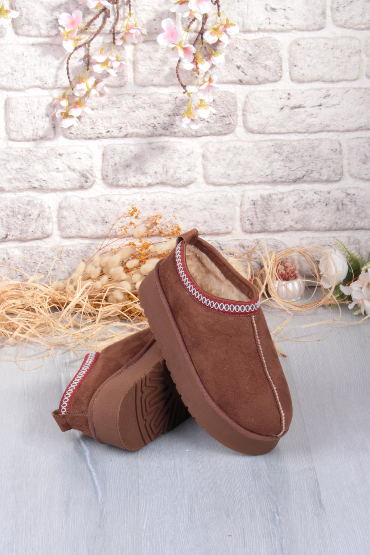 1191 İçi Kürklü Kalın Taban Önü Kapalı Kışlık Kadın Terlik - Görsel 8