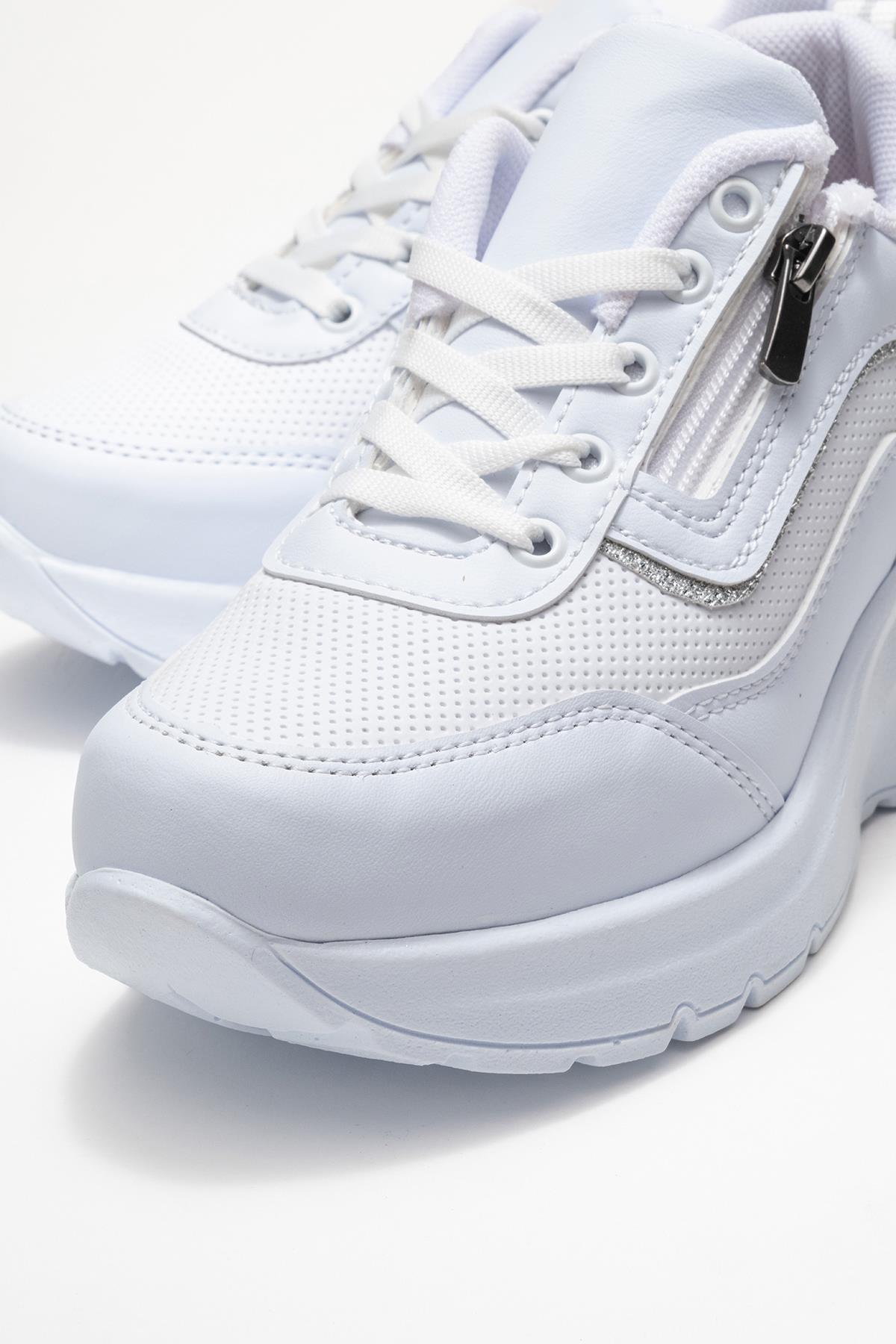 Kadın Fermuarlı Bağcıklı Spor Ayakkabı; BEYAZ - Görsel 5