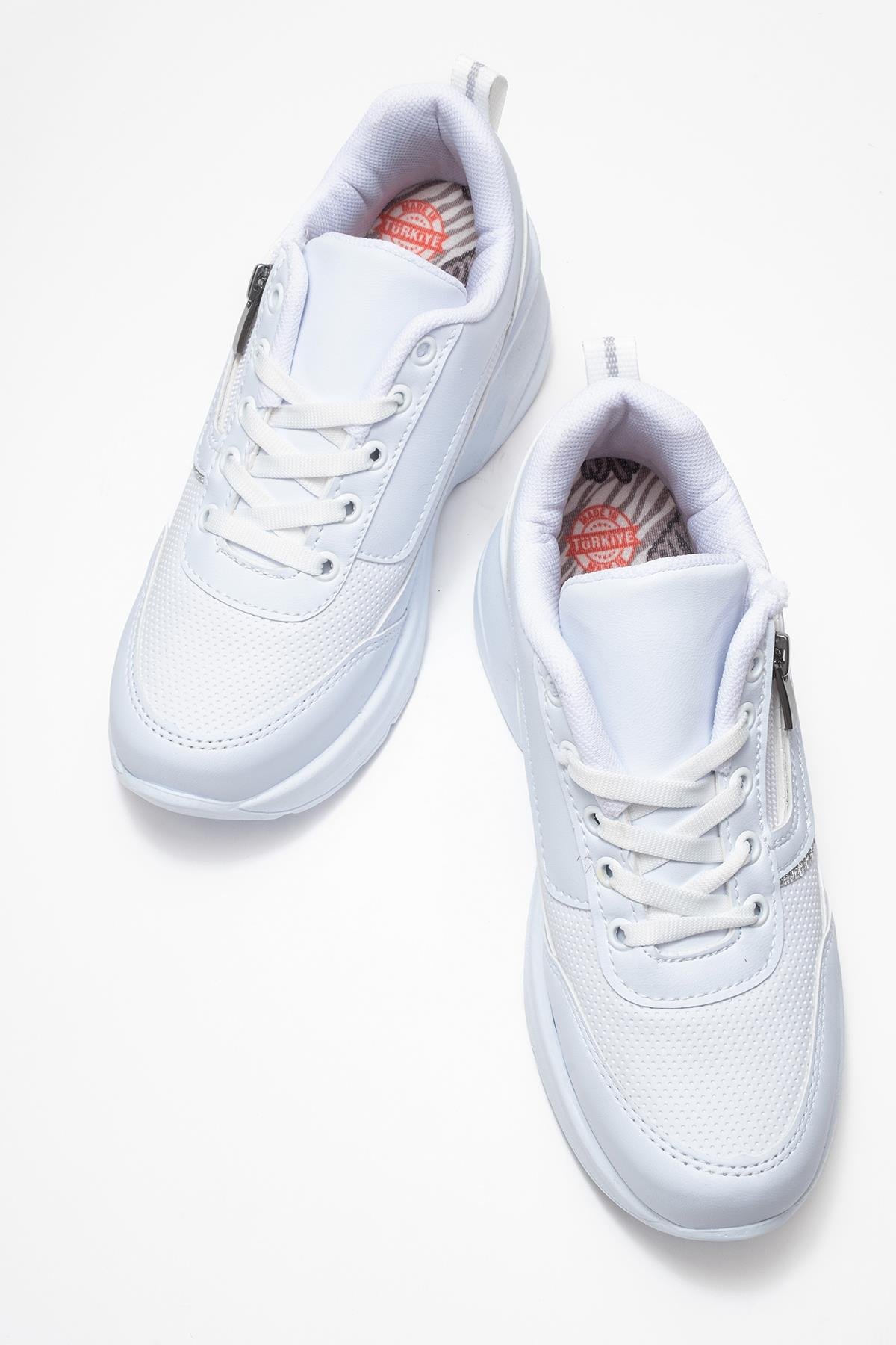 Kadın Fermuarlı Bağcıklı Spor Ayakkabı; BEYAZ - Görsel 9