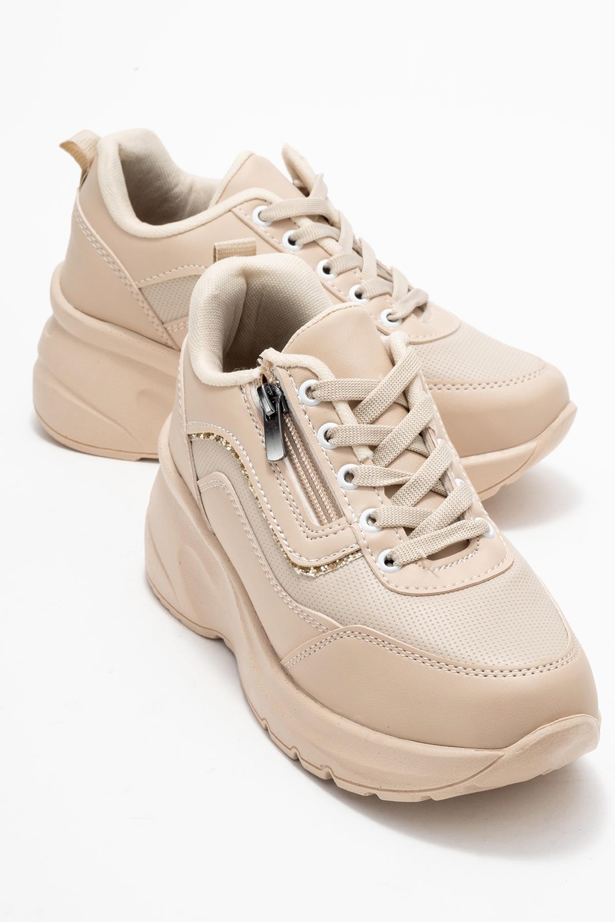 Kadın Fermuarlı Bağcıklı Spor Ayakkabı; BEJ - Görsel 2