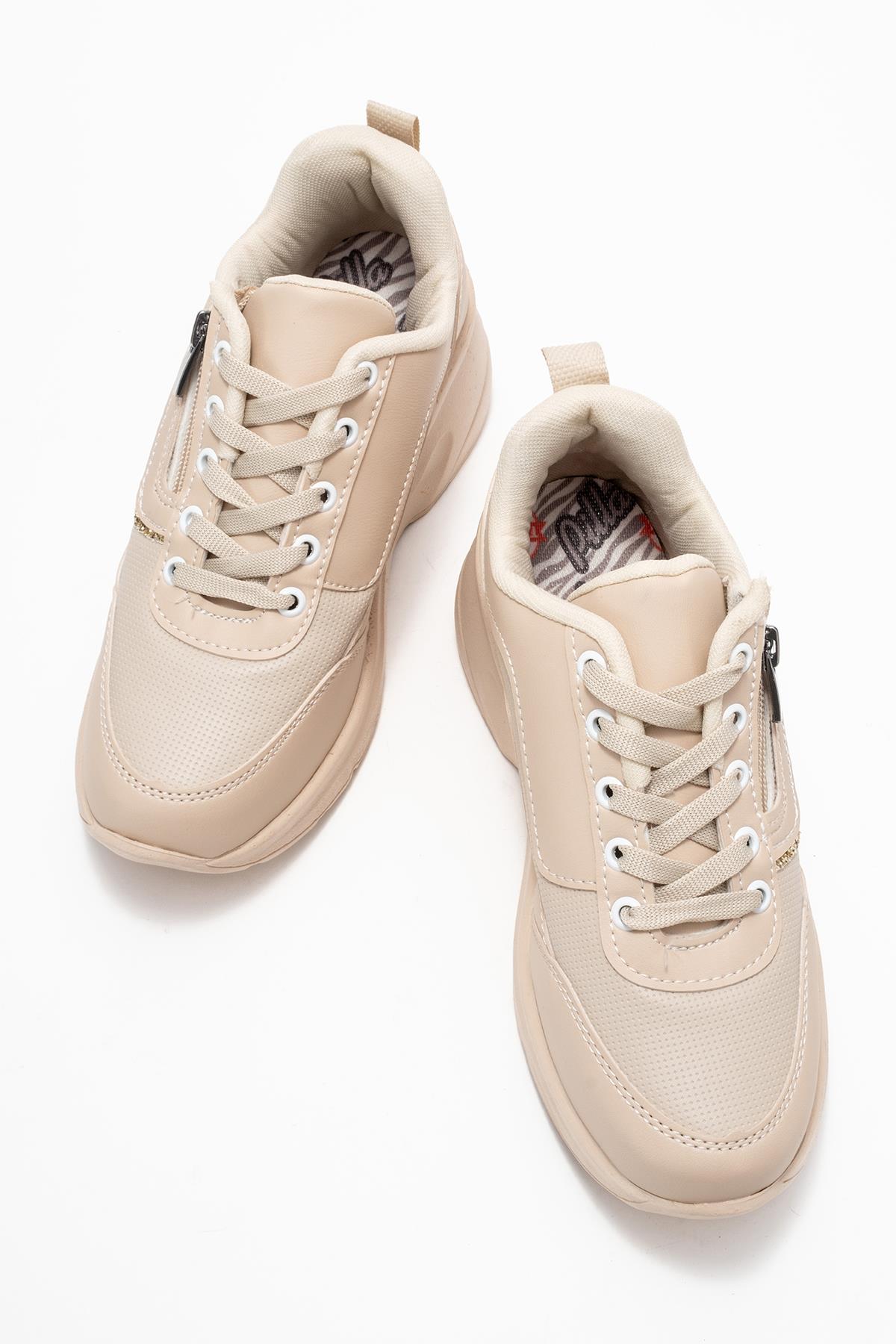 Kadın Fermuarlı Bağcıklı Spor Ayakkabı; BEJ - Görsel 6