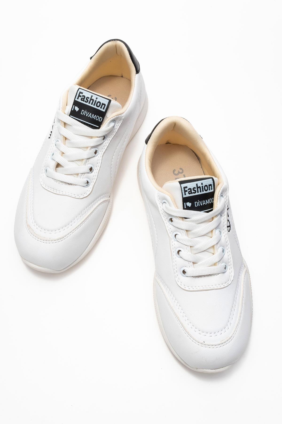 Bağcıklı Kadın Spor Ayakkabı; BEYAZ SİYAH - Görsel 6