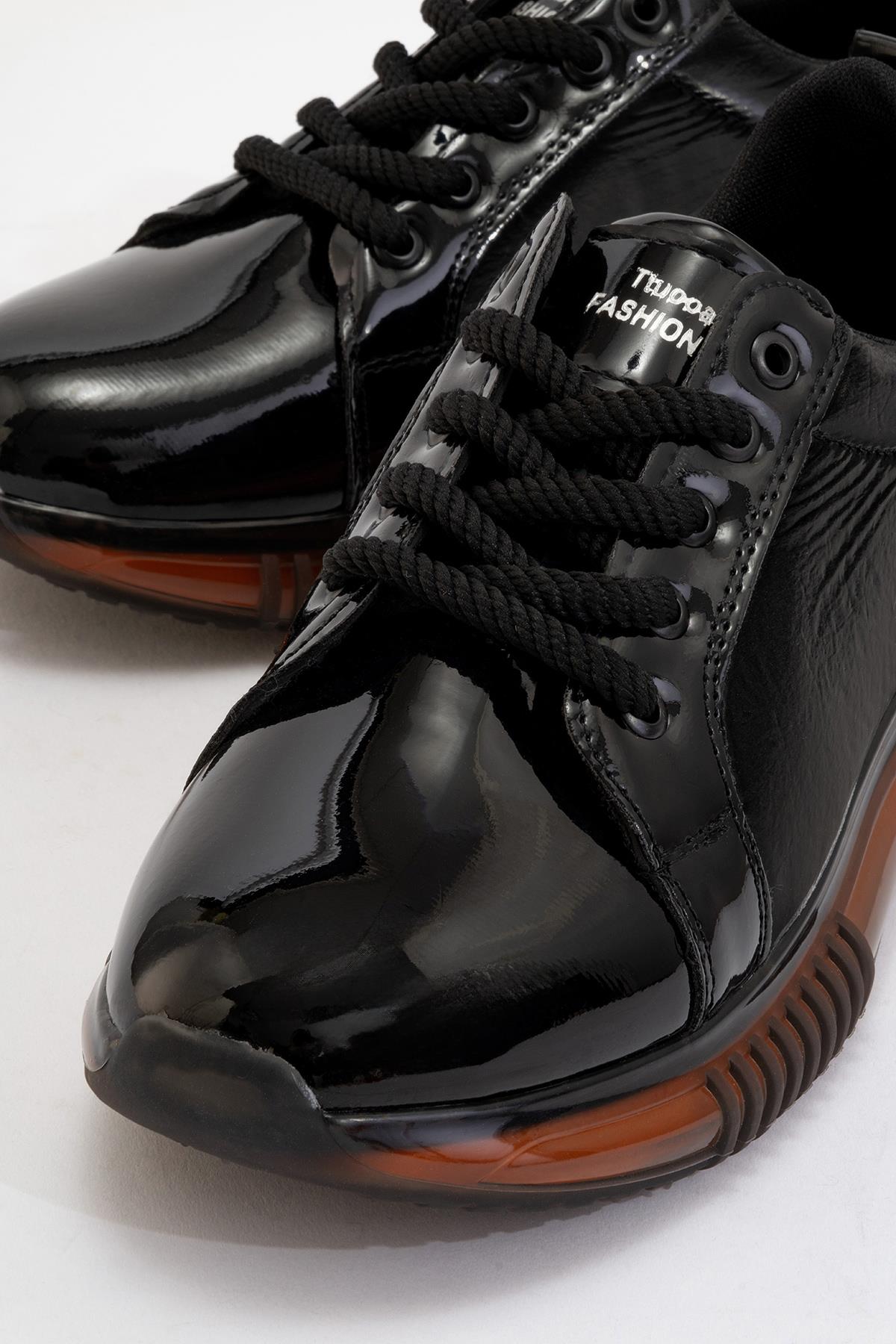 Bağcıklı Kadın Spor Ayakkabı SİYAH ORANJ - Görsel 4