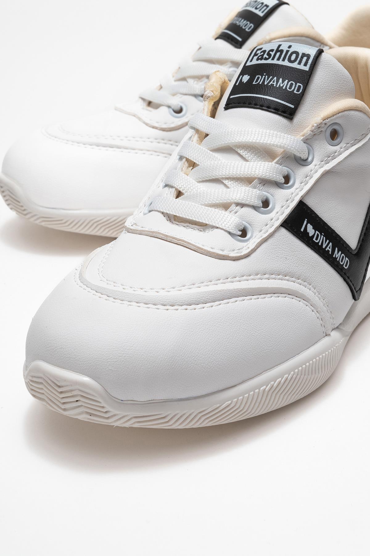 Bağcıklı Kadın Spor Ayakkabı; BEYAZ SİYAH - Görsel 4
