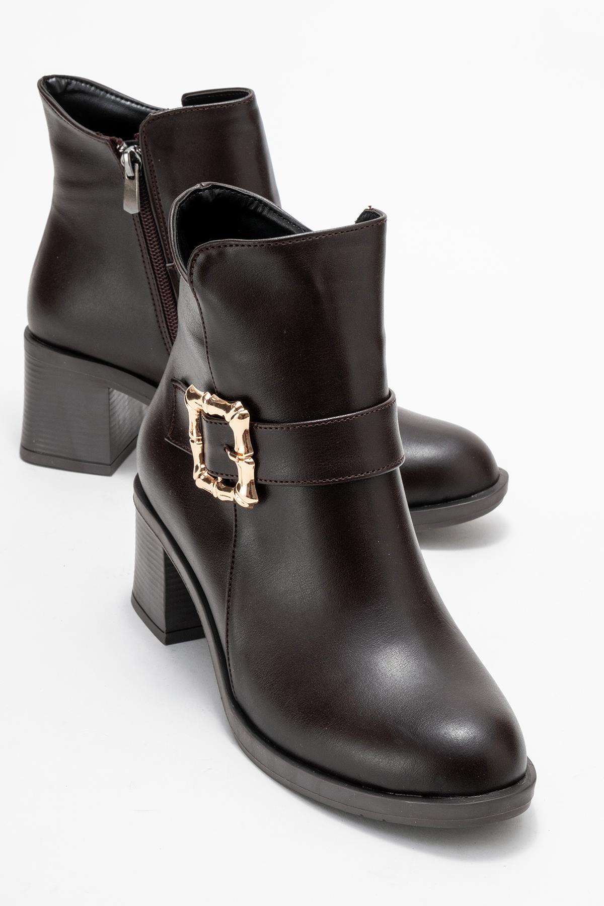 Kadın Büyük Altın Tokalı Topuklu Bot KAHVE CİLT - Görsel 2