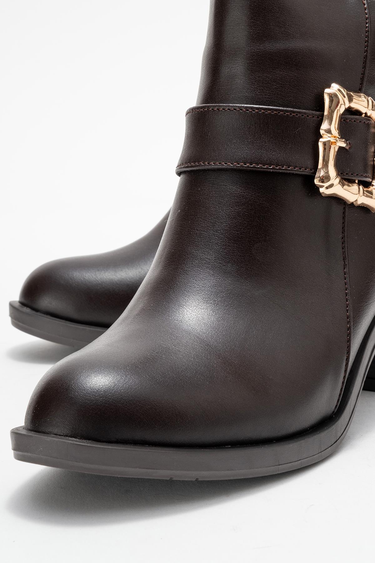 Kadın Büyük Altın Tokalı Topuklu Bot KAHVE CİLT - Görsel 4