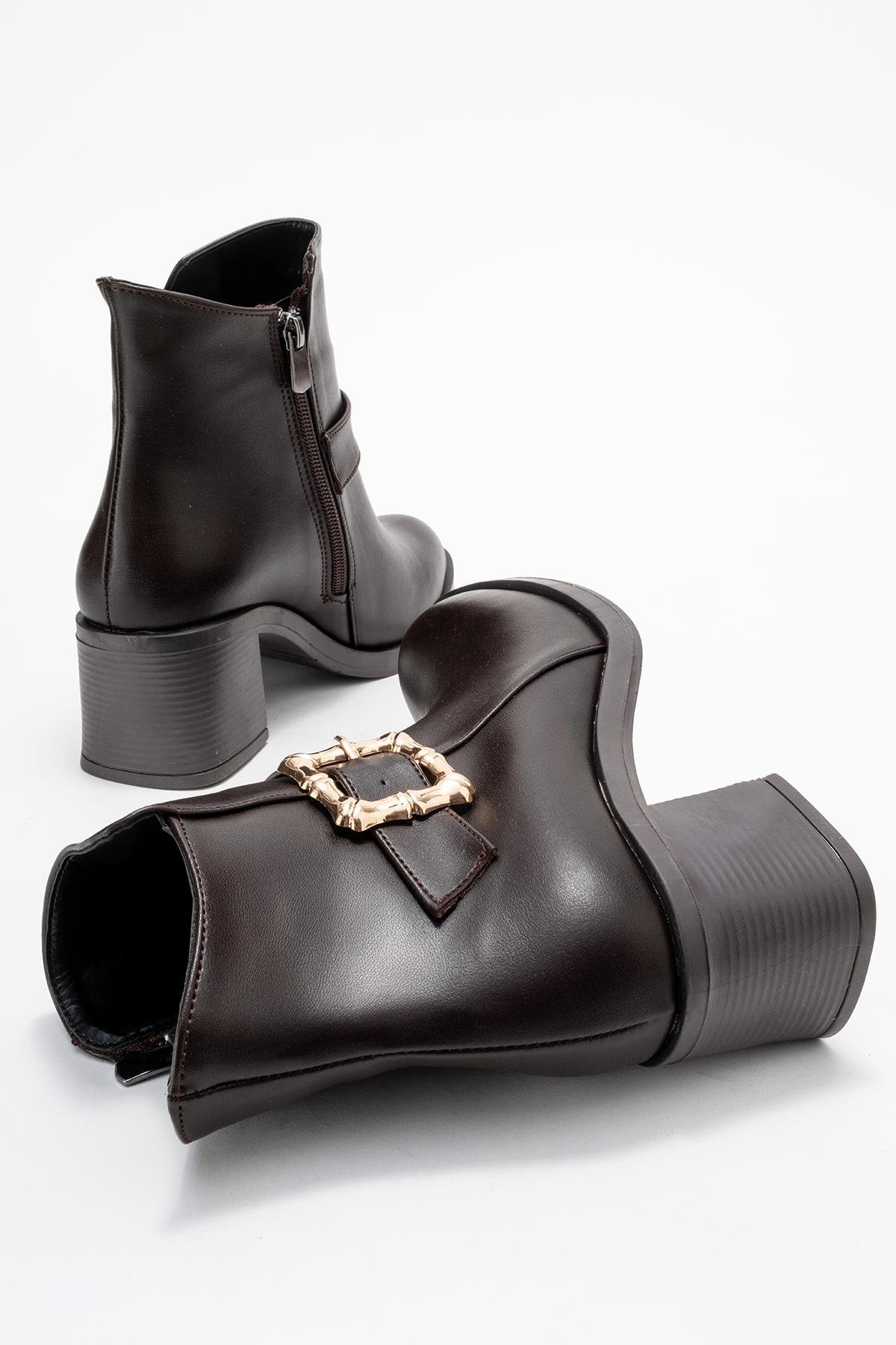 Kadın Büyük Altın Tokalı Topuklu Bot KAHVE CİLT - Görsel 5