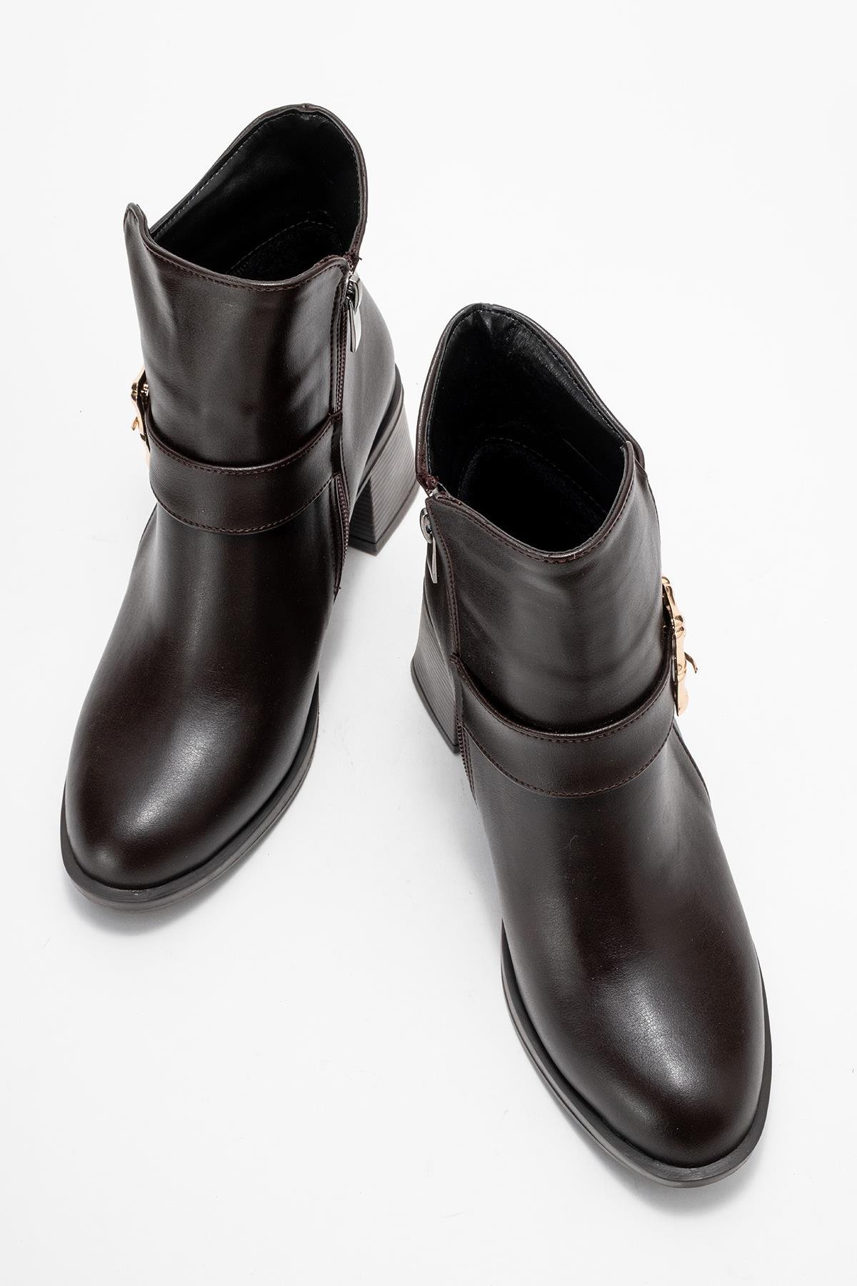 Kadın Büyük Altın Tokalı Topuklu Bot KAHVE CİLT - Görsel 6