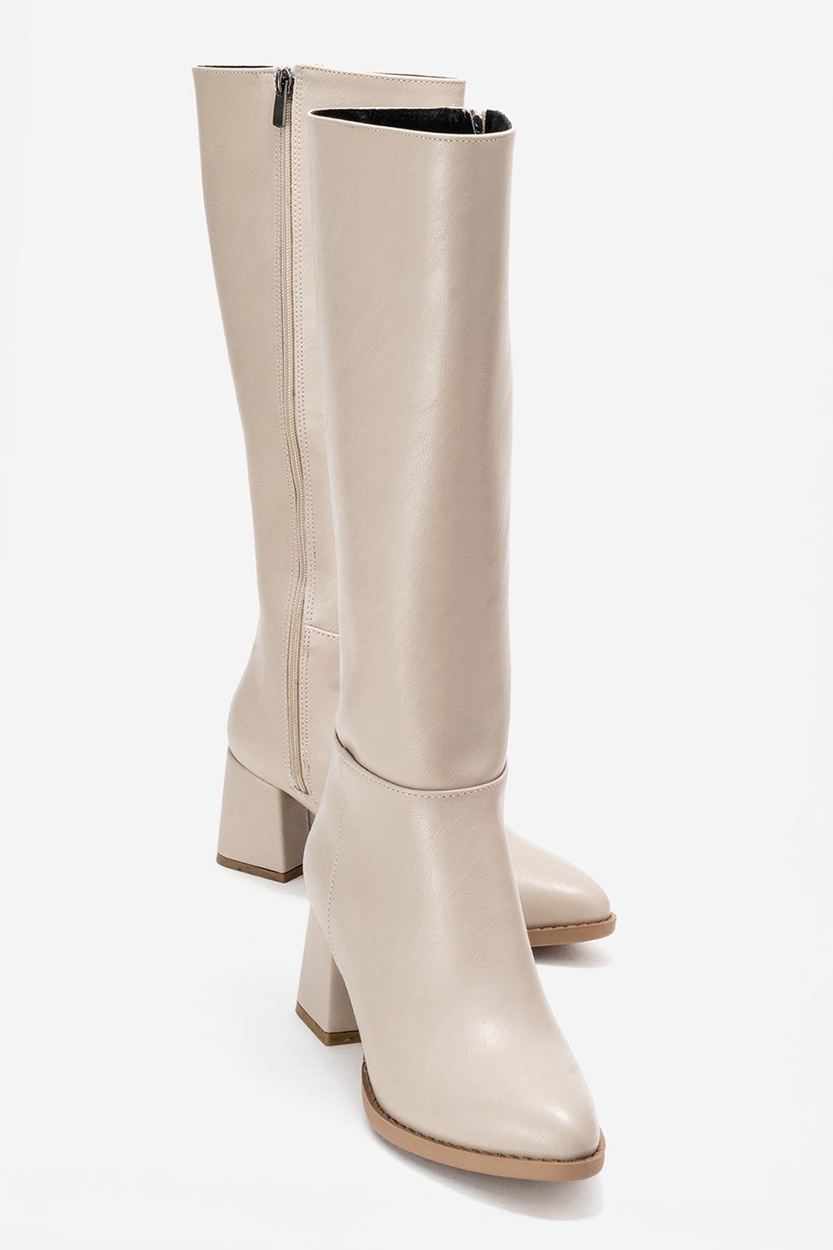 Sade Sivri Burunlu Topuklu Kadın Çizme BEJ CİLT - Görsel 2