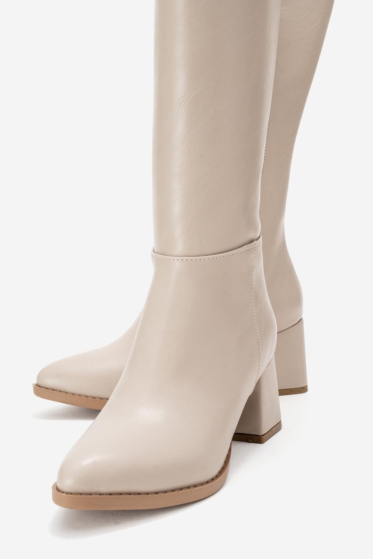 Sade Sivri Burunlu Topuklu Kadın Çizme BEJ CİLT - Görsel 4