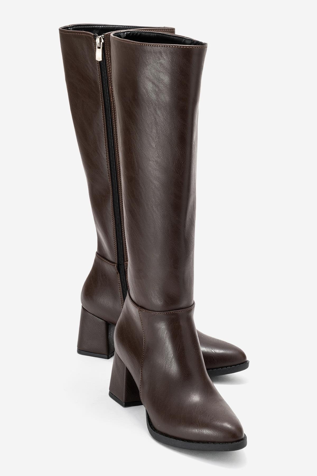 Sade Sivri Burunlu Topuklu Kadın Çizme KAHVE CİLT - Görsel 2