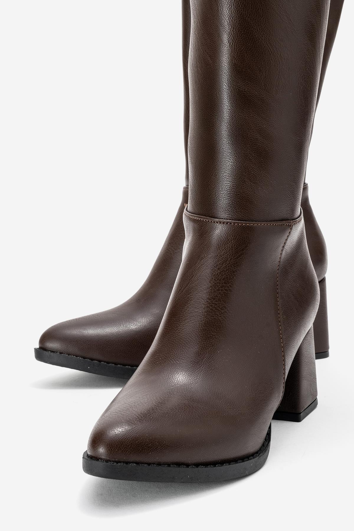 Sade Sivri Burunlu Topuklu Kadın Çizme KAHVE CİLT - Görsel 4