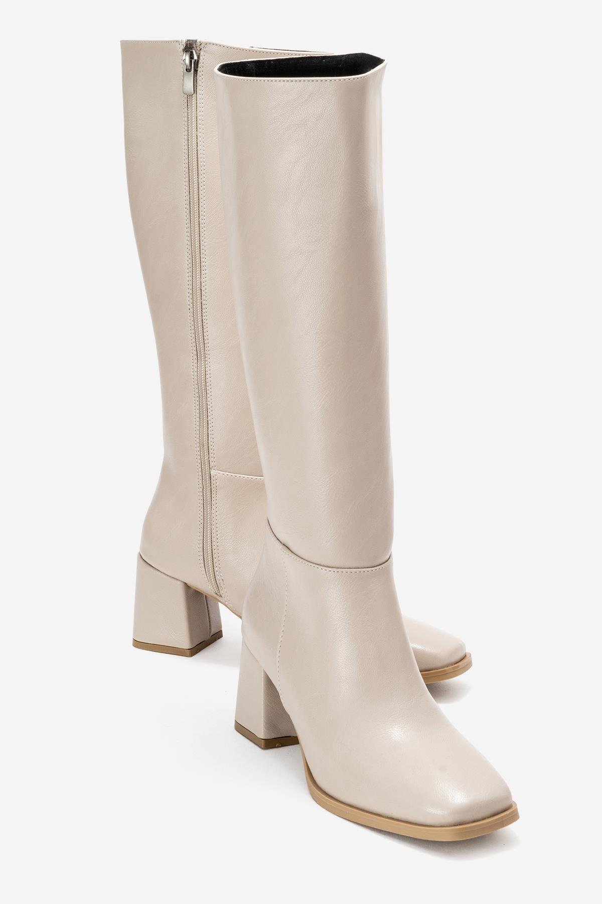 Sade Küt Burunlu Topuklu Kadın Çizme BEJ CİLT - Görsel 2