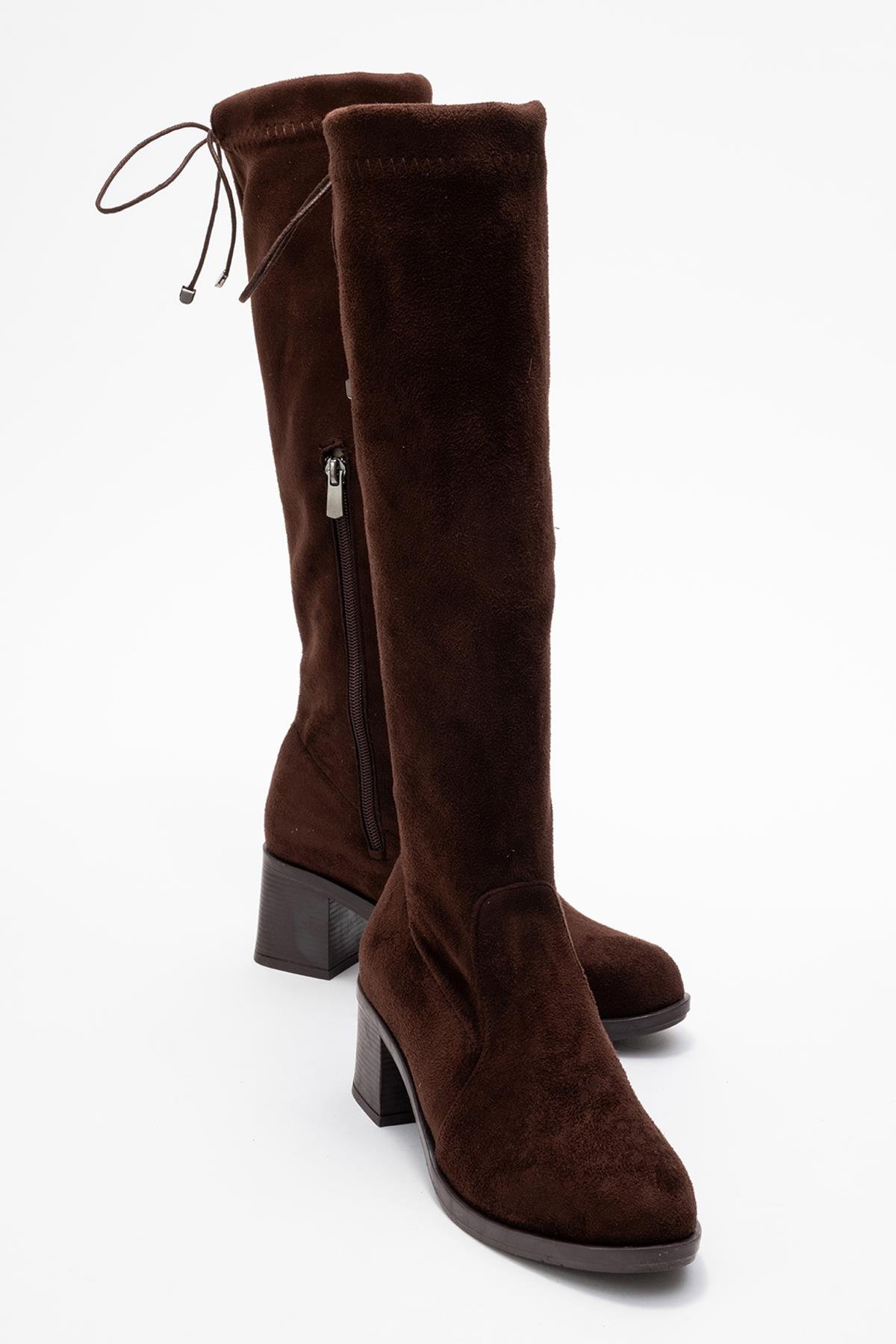 Kadın Dizaltı Streç Topuklu Çizme; KAHVE SÜET - Görsel 2