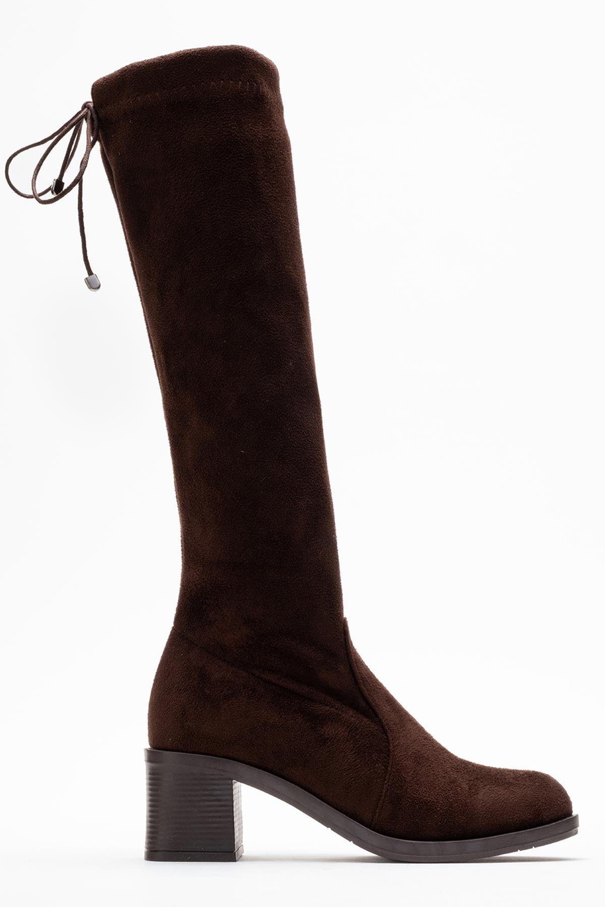 Kadın Dizaltı Streç Topuklu Çizme; KAHVE SÜET - Görsel 3