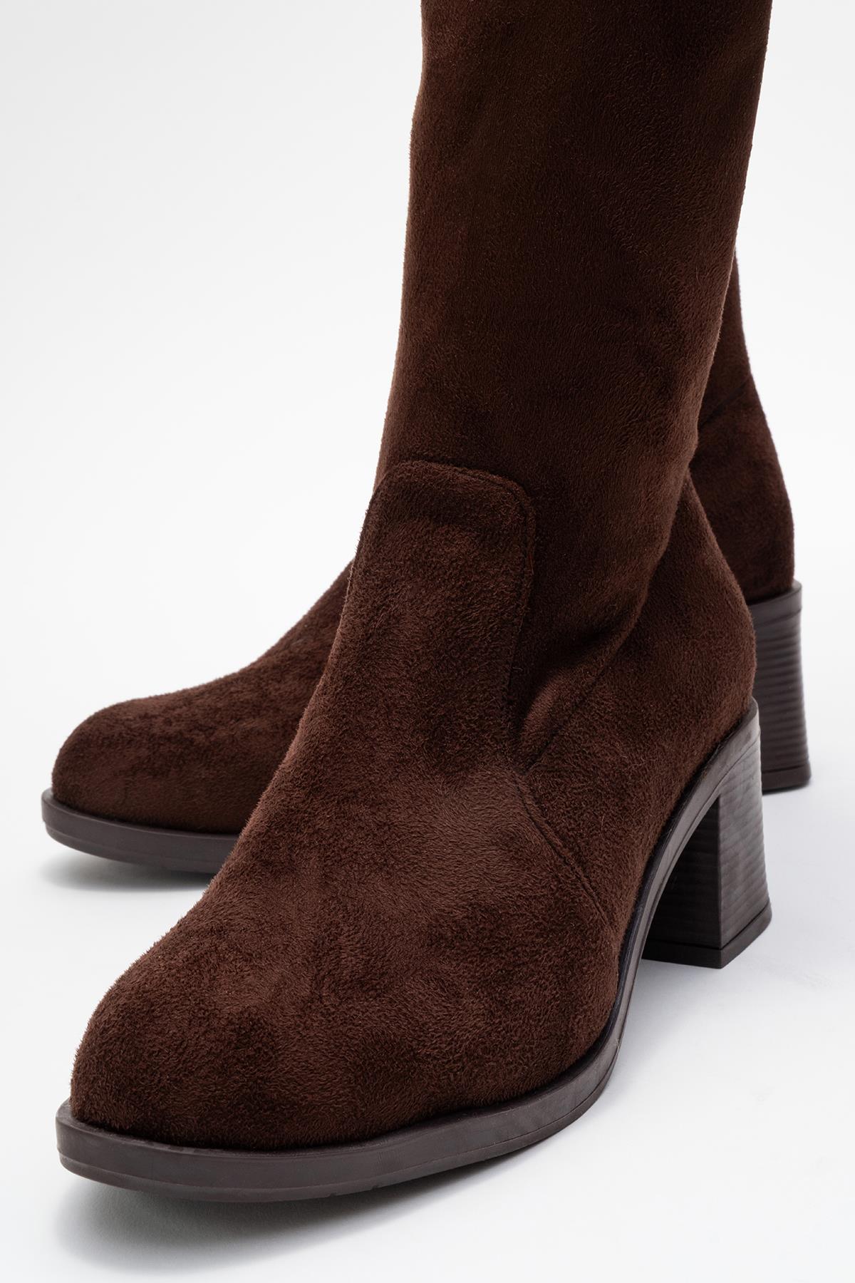 Kadın Dizaltı Streç Topuklu Çizme; KAHVE SÜET - Görsel 4
