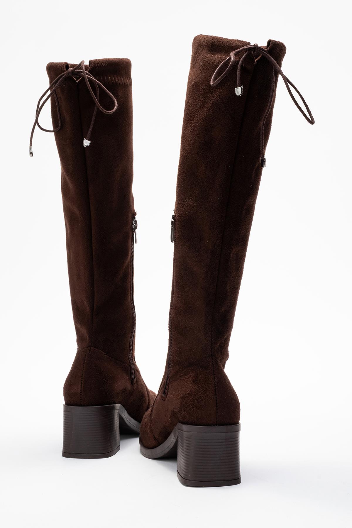 Kadın Dizaltı Streç Topuklu Çizme; KAHVE SÜET - Görsel 5