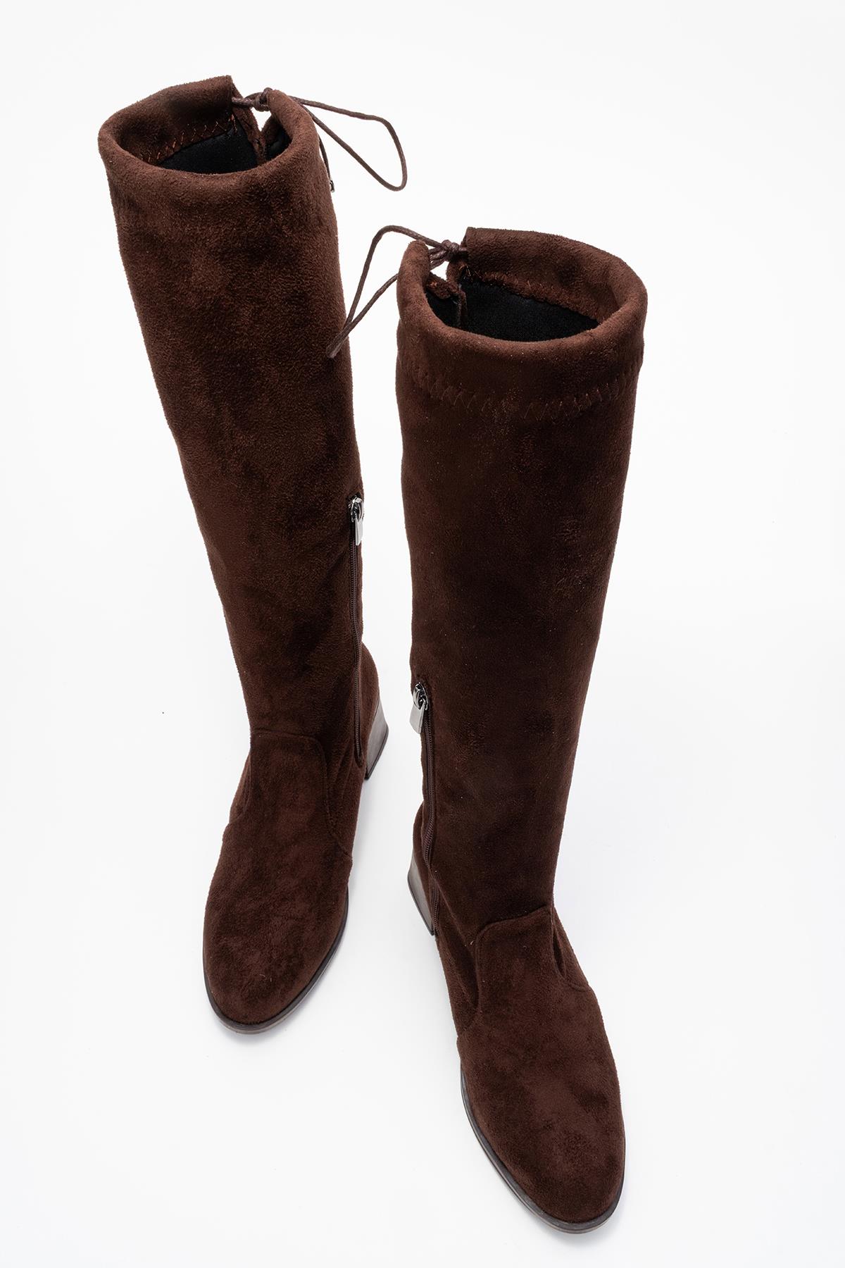 Kadın Dizaltı Streç Topuklu Çizme; KAHVE SÜET - Görsel 6