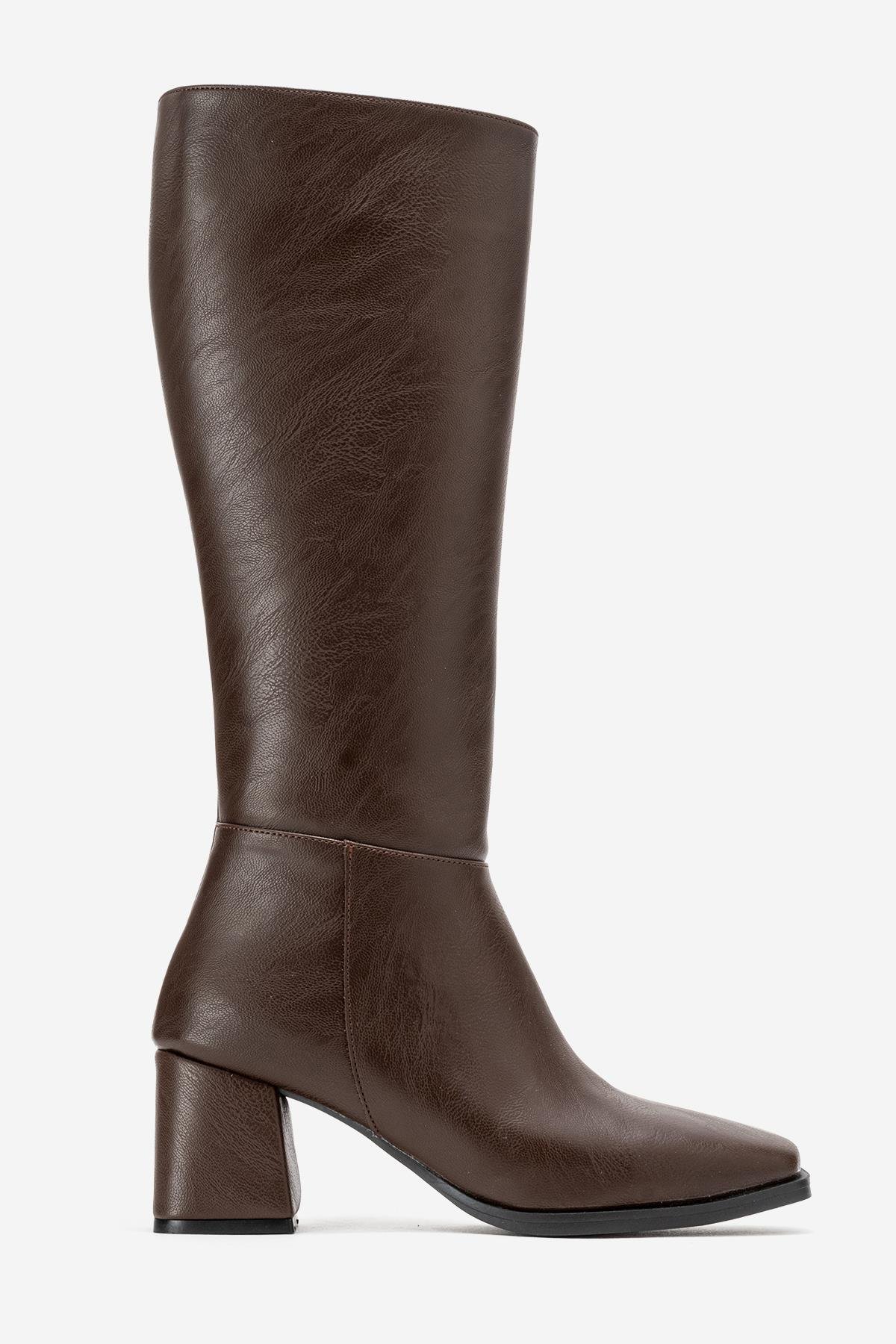 Sade Küt Burunlu Topuklu Kadın Çizme KAHVE CİLT - Görsel 3