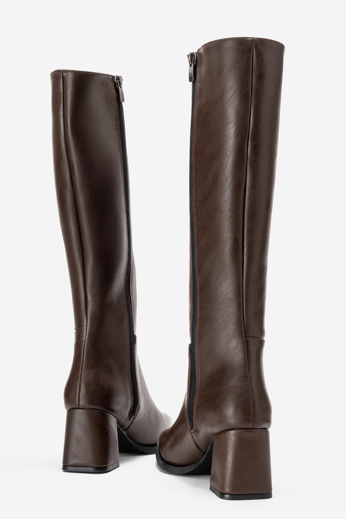 Sade Küt Burunlu Topuklu Kadın Çizme KAHVE CİLT - Görsel 5