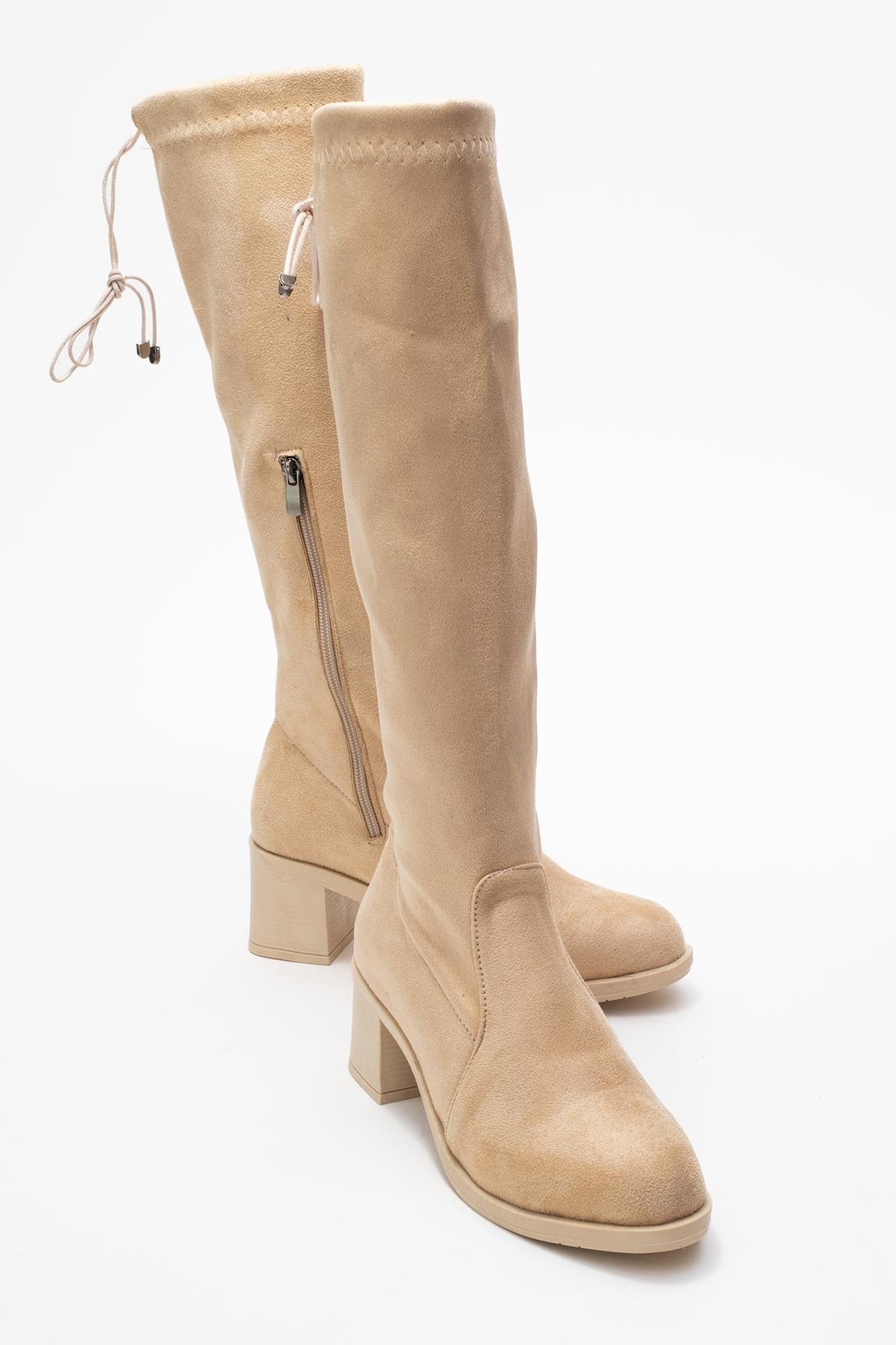 Kadın Dizaltı Streç Topuklu Çizme; BEJ SÜET - Görsel 2