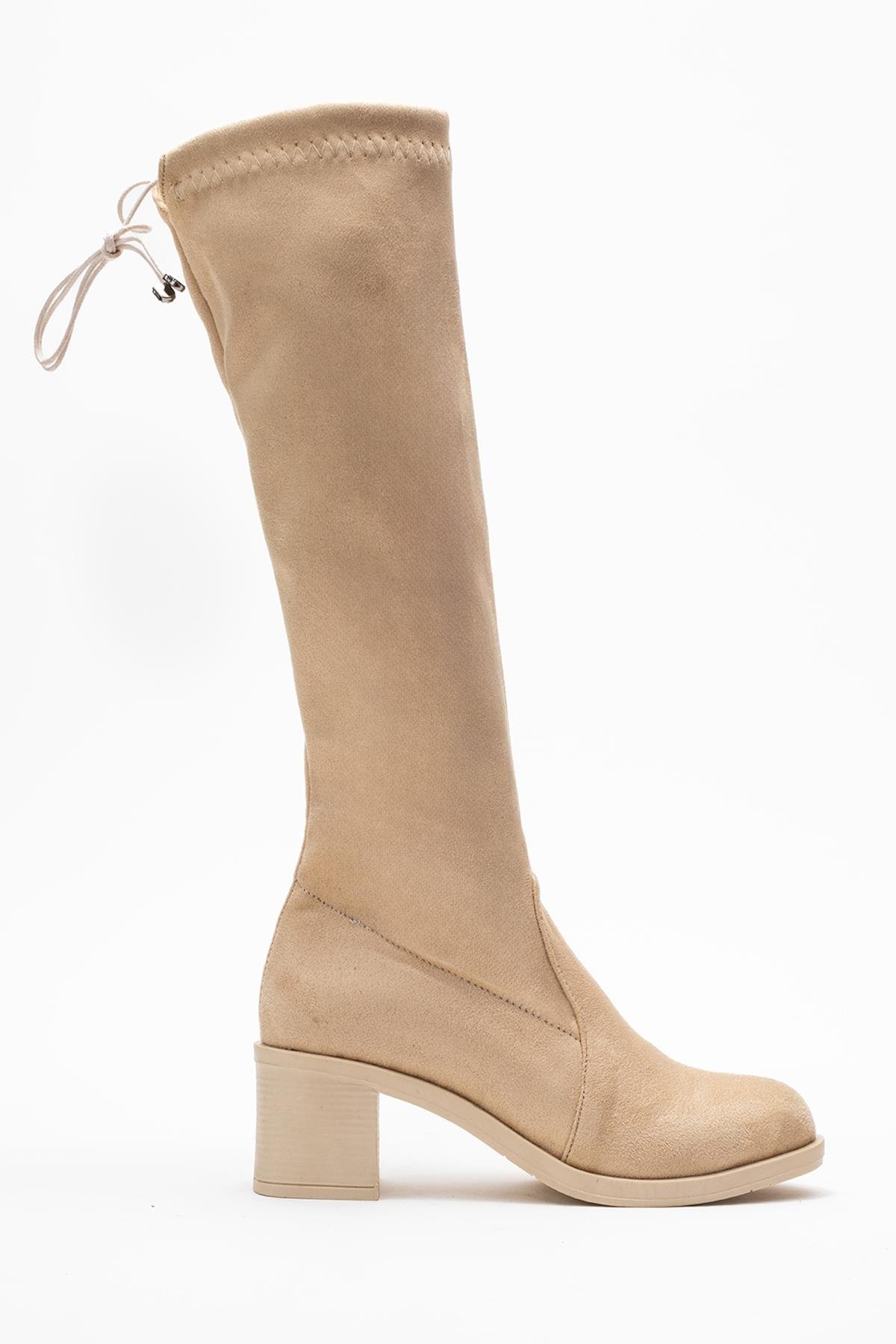 Kadın Dizaltı Streç Topuklu Çizme; BEJ SÜET - Görsel 3