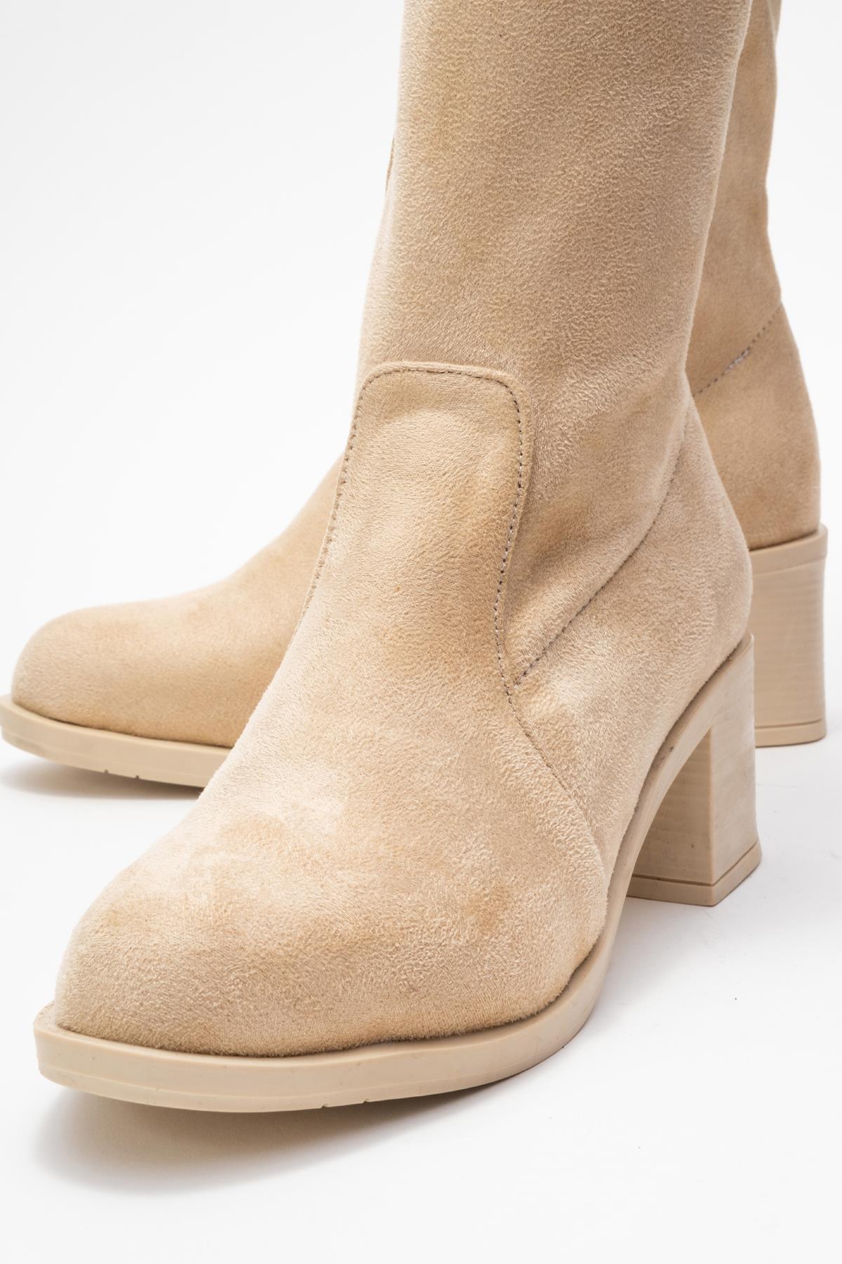 Kadın Dizaltı Streç Topuklu Çizme; BEJ SÜET - Görsel 4