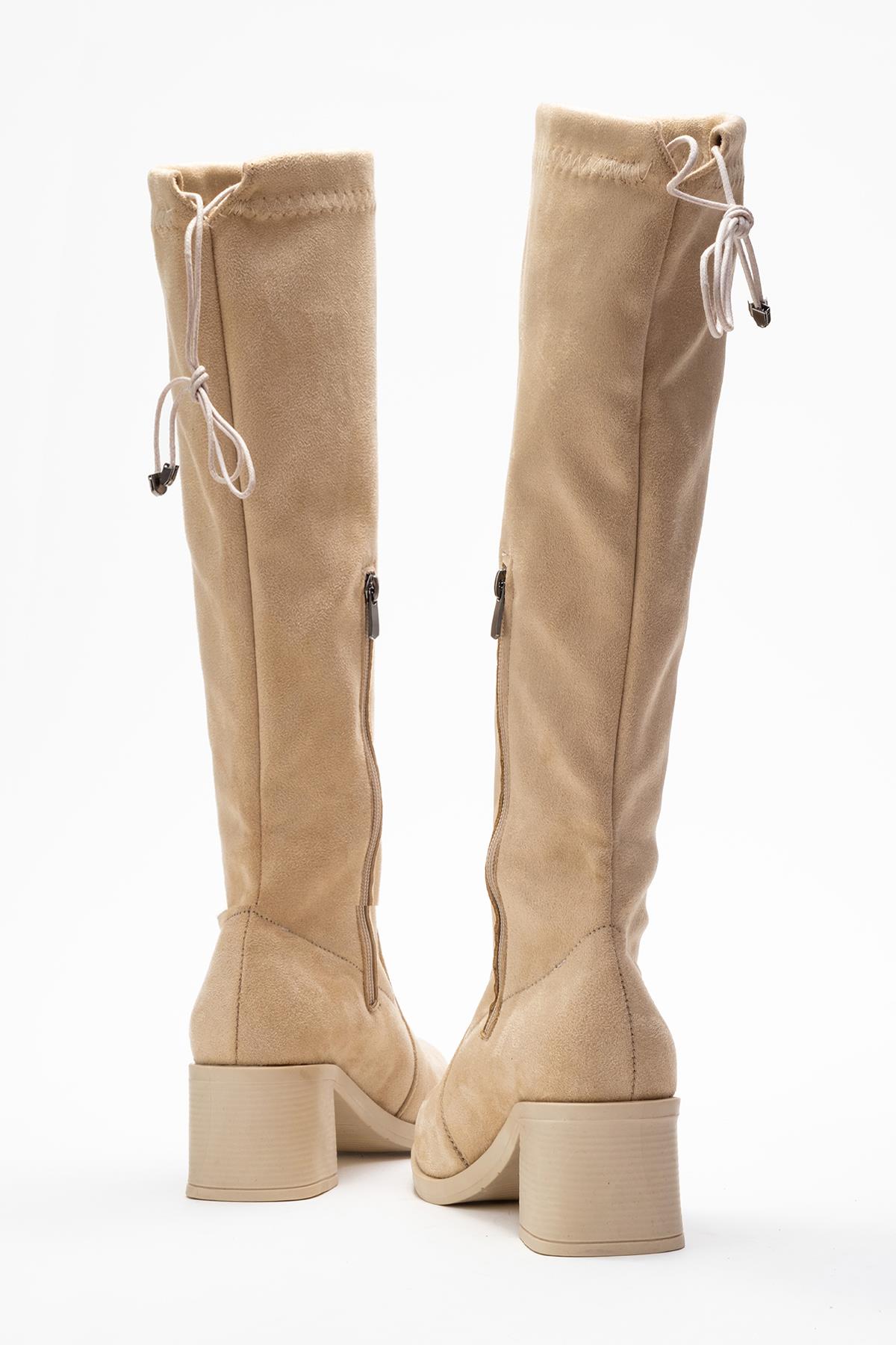 Kadın Dizaltı Streç Topuklu Çizme; BEJ SÜET - Görsel 5