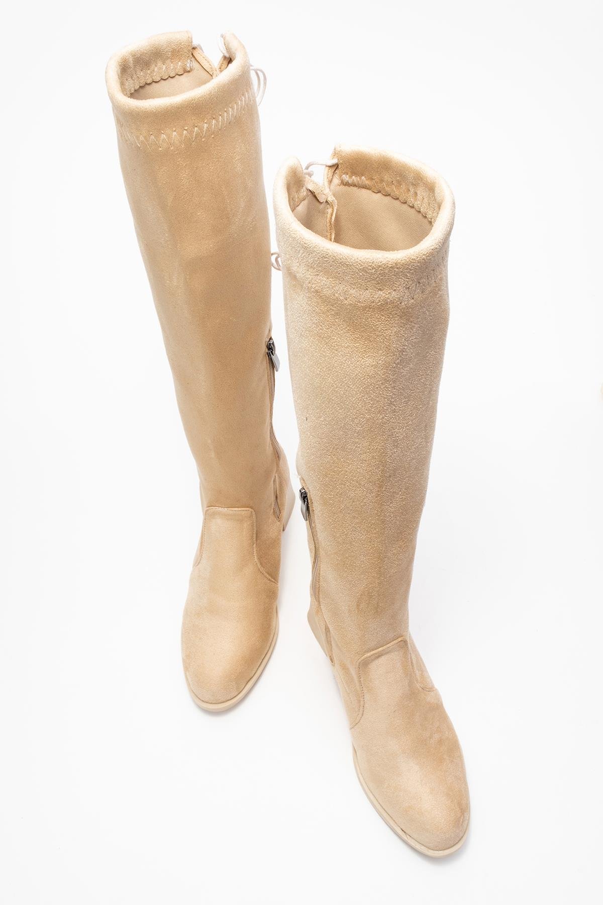 Kadın Dizaltı Streç Topuklu Çizme; BEJ SÜET - Görsel 6