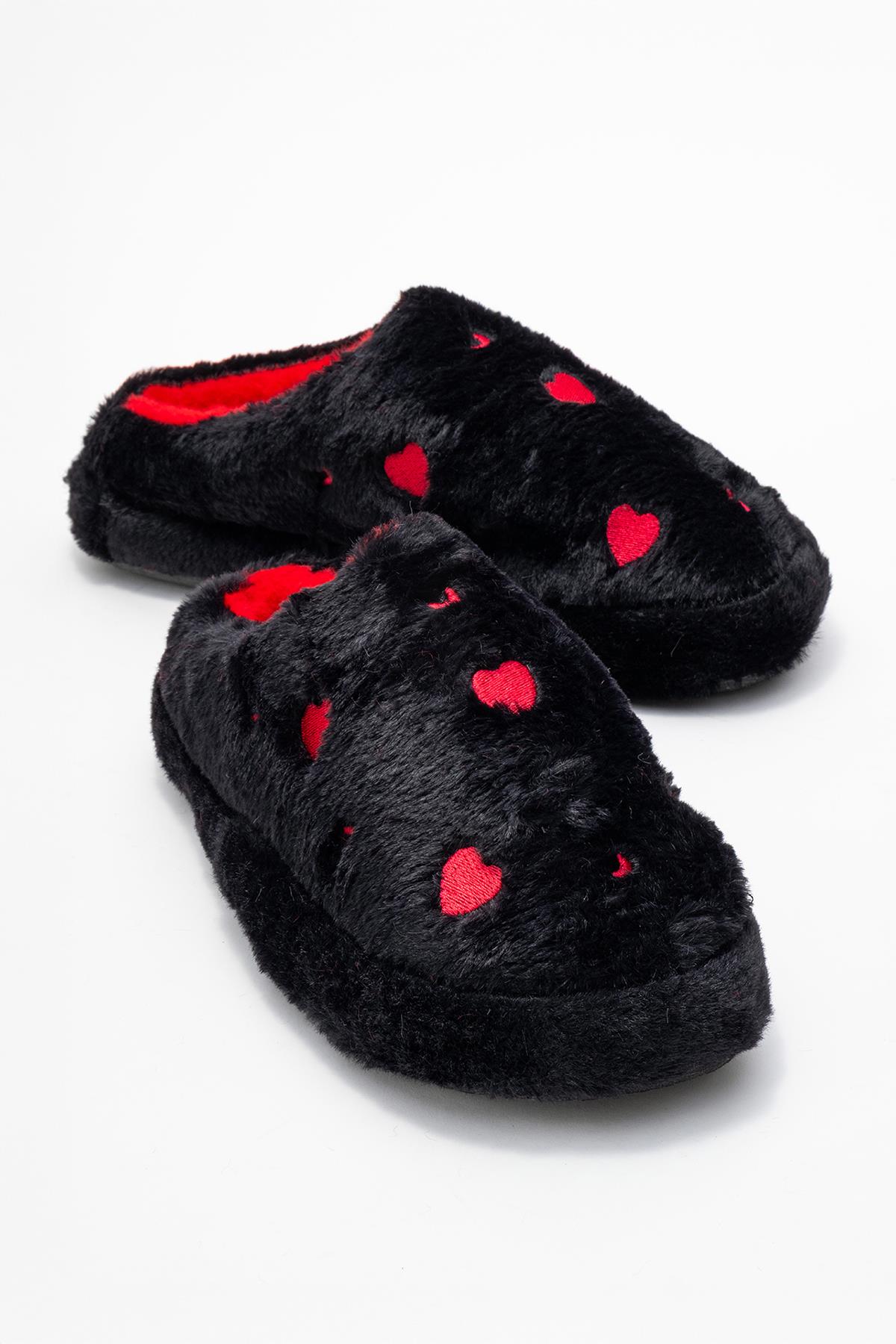 Kadın Arkası Açık Kalpli Tüylü Ev Terliği; SİYAH - Görsel 2