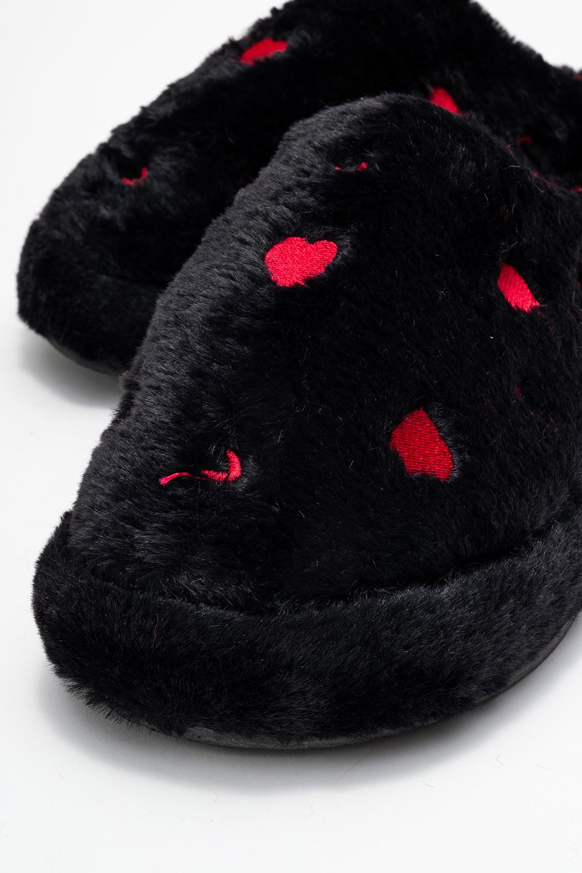 Kadın Arkası Açık Kalpli Tüylü Ev Terliği; SİYAH - Görsel 4