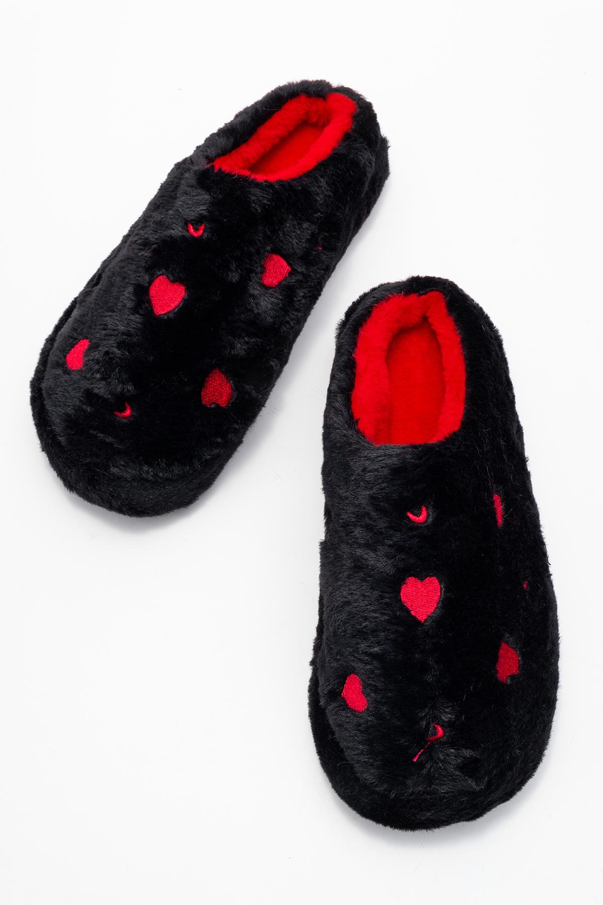 Kadın Arkası Açık Kalpli Tüylü Ev Terliği; SİYAH - Görsel 6