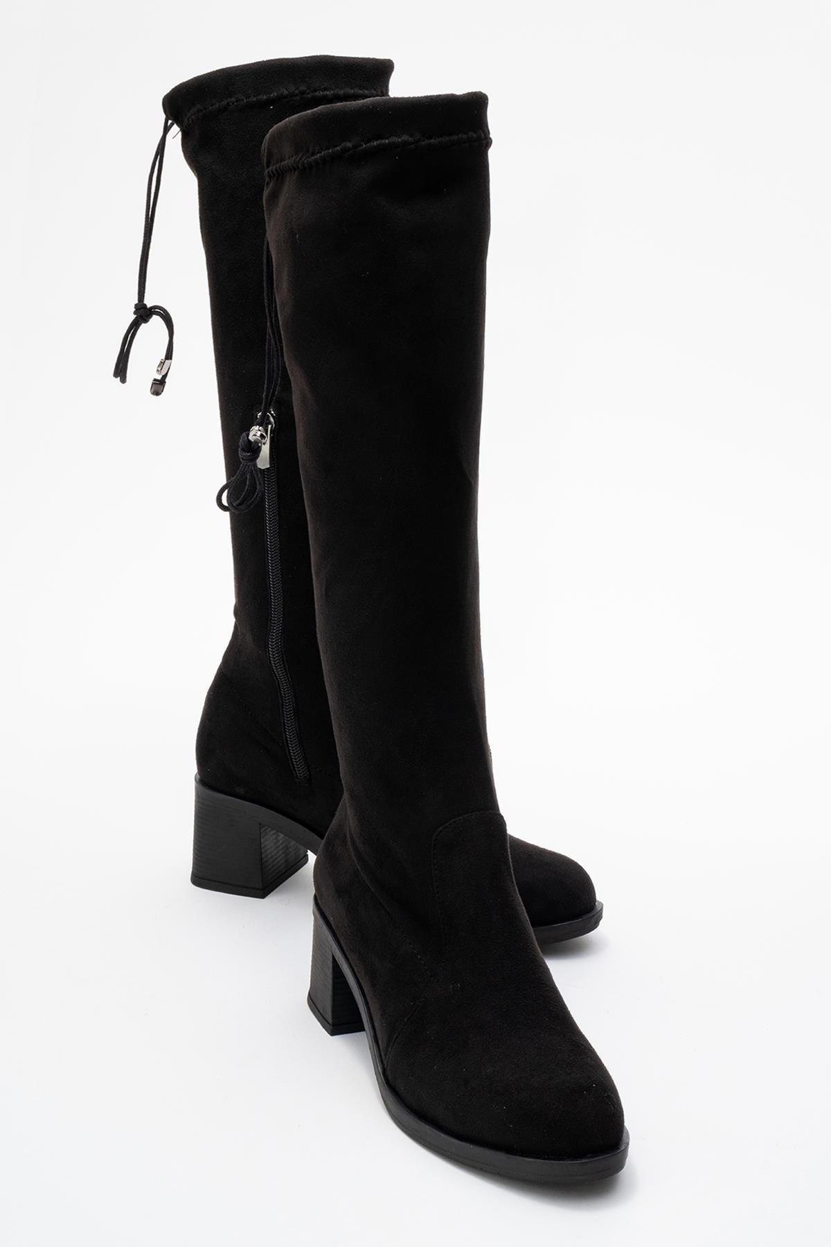 Kadın Dizaltı Streç Topuklu Çizme; SİYAH SÜET - Görsel 2