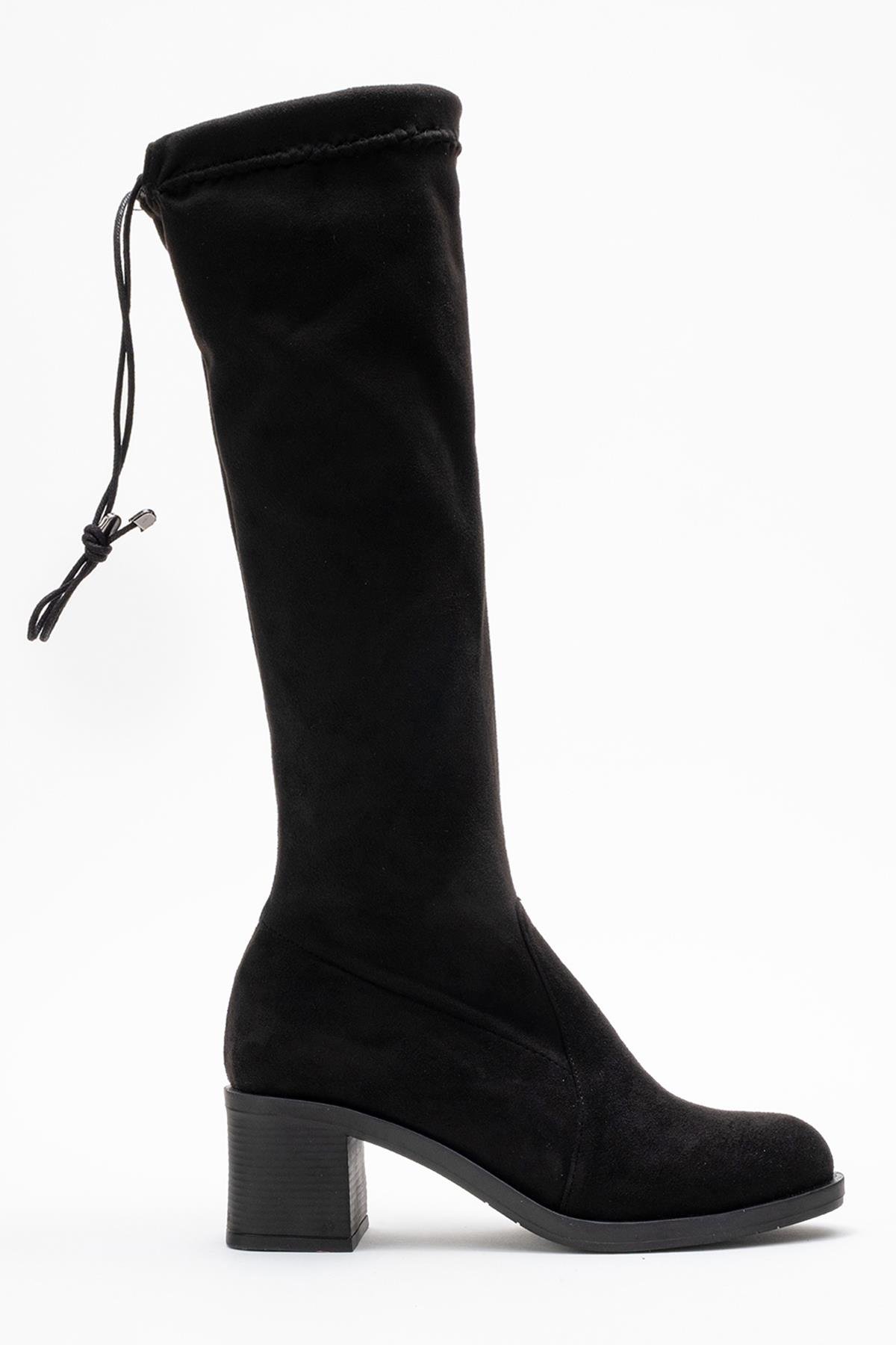 Kadın Dizaltı Streç Topuklu Çizme; SİYAH SÜET - Görsel 3