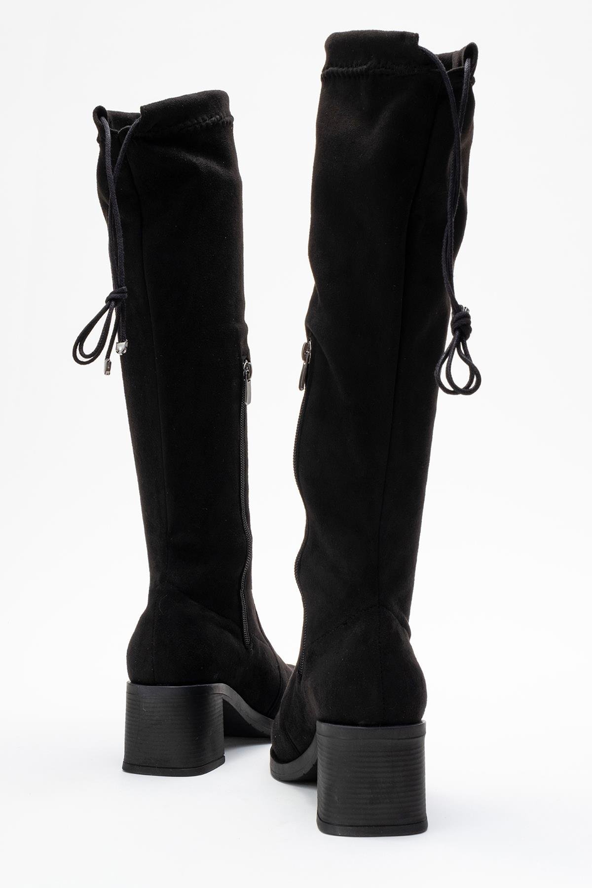 Kadın Dizaltı Streç Topuklu Çizme; SİYAH SÜET - Görsel 5